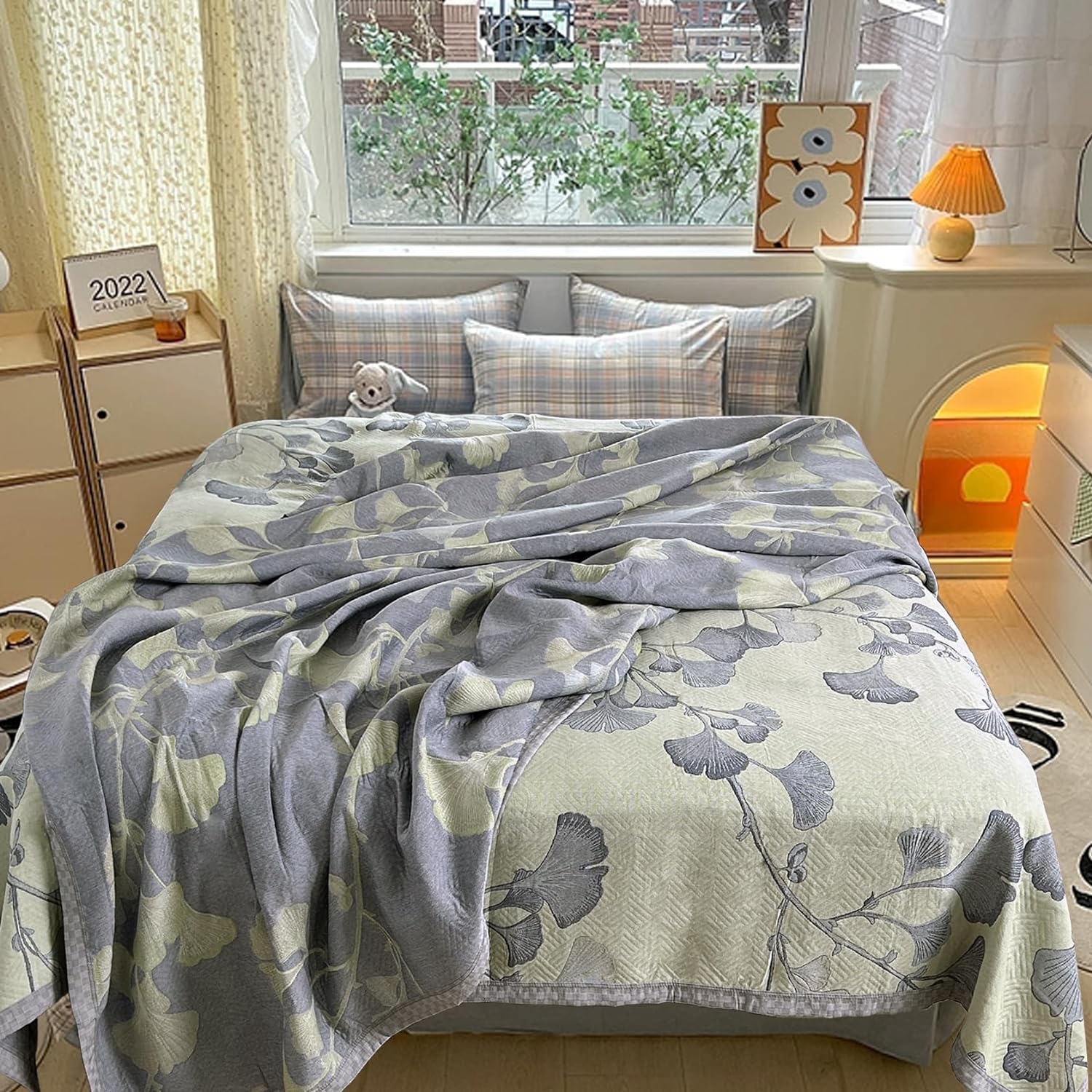Bifqioy Edredón de hojas de ginkgo tamaño Queen, color verde y gris, reversible, de algodón, para todas las estaciones, manta ligera de muselina
