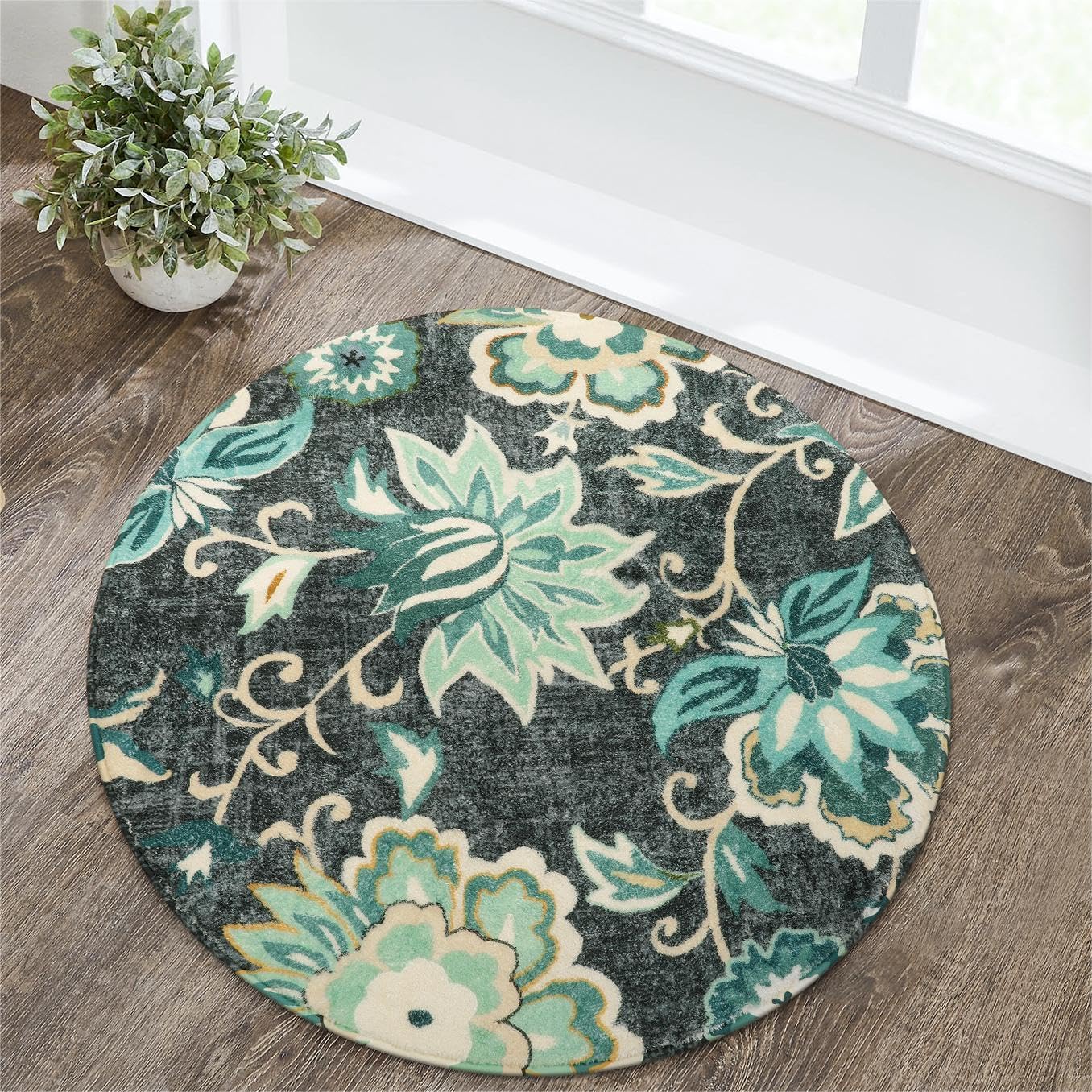 Lahome Alfombra redonda lavable floral de 3 pies, alfombra redonda pequeña y bohemia para dormitorio, antideslizante, resistente a las manchas, para