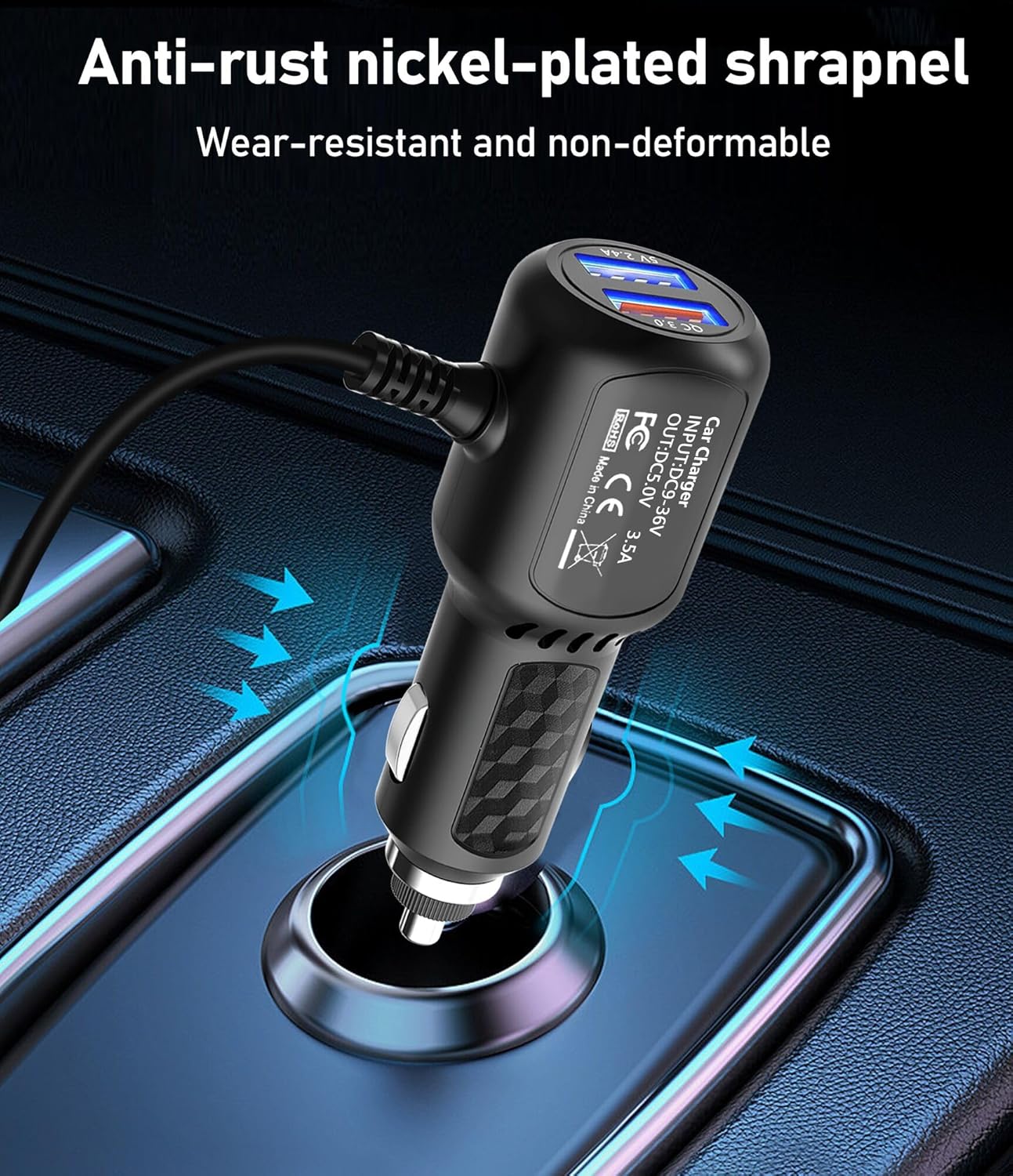 Cargador de cámara de salpicadero USB C, cable de alimentación USB tipo C, cargador de automóvil USB C, adaptador de corriente USB de doble puerto,