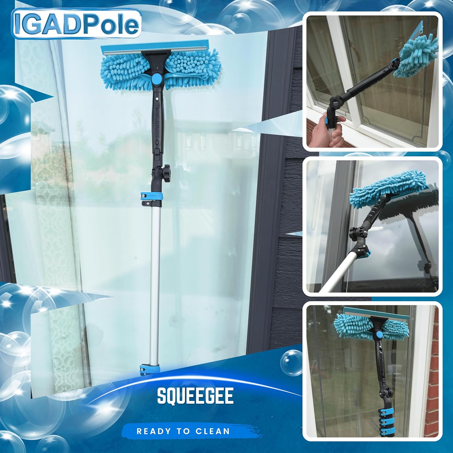 Escobilla de mango largo IGADPole de 24 pies kit profesional de limpieza de ventanas con poste de extensión de aluminio de 24 pies, adecuado para
