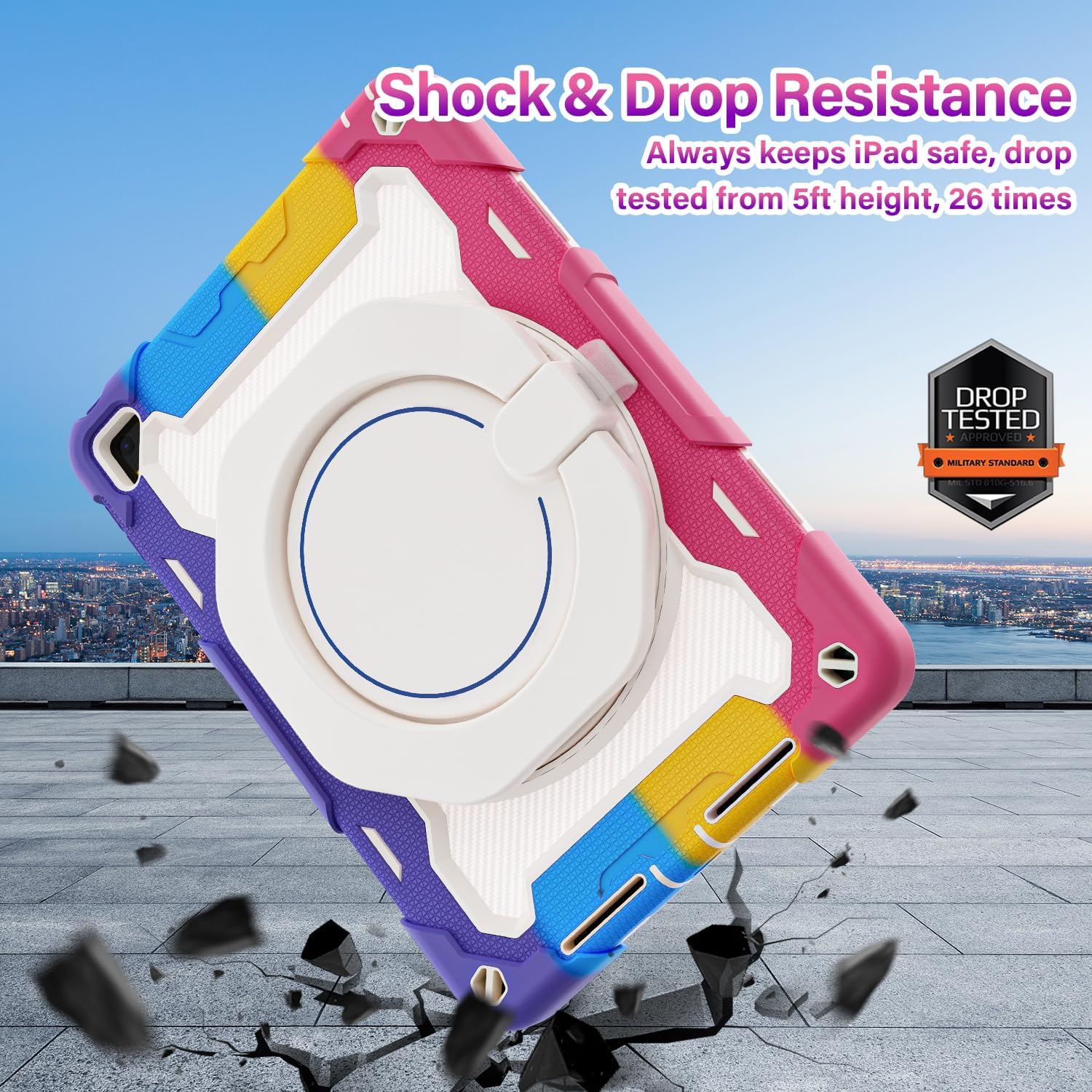 ROISKIN Funda para iPad de 6 y 5 generación de 9.7 pulgadas, Pro 9.7, Air 2 con correa de mano 360 Kickstand protector de pantalla, protección