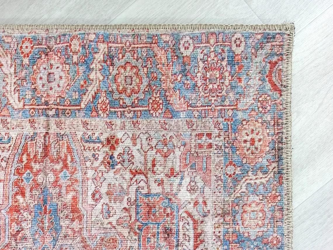 Fame Rugs Alfombras bohemias vintage para sala de estar, dormitorio, terracota, rojo, beige, azul cielo, 2 x 3 pies