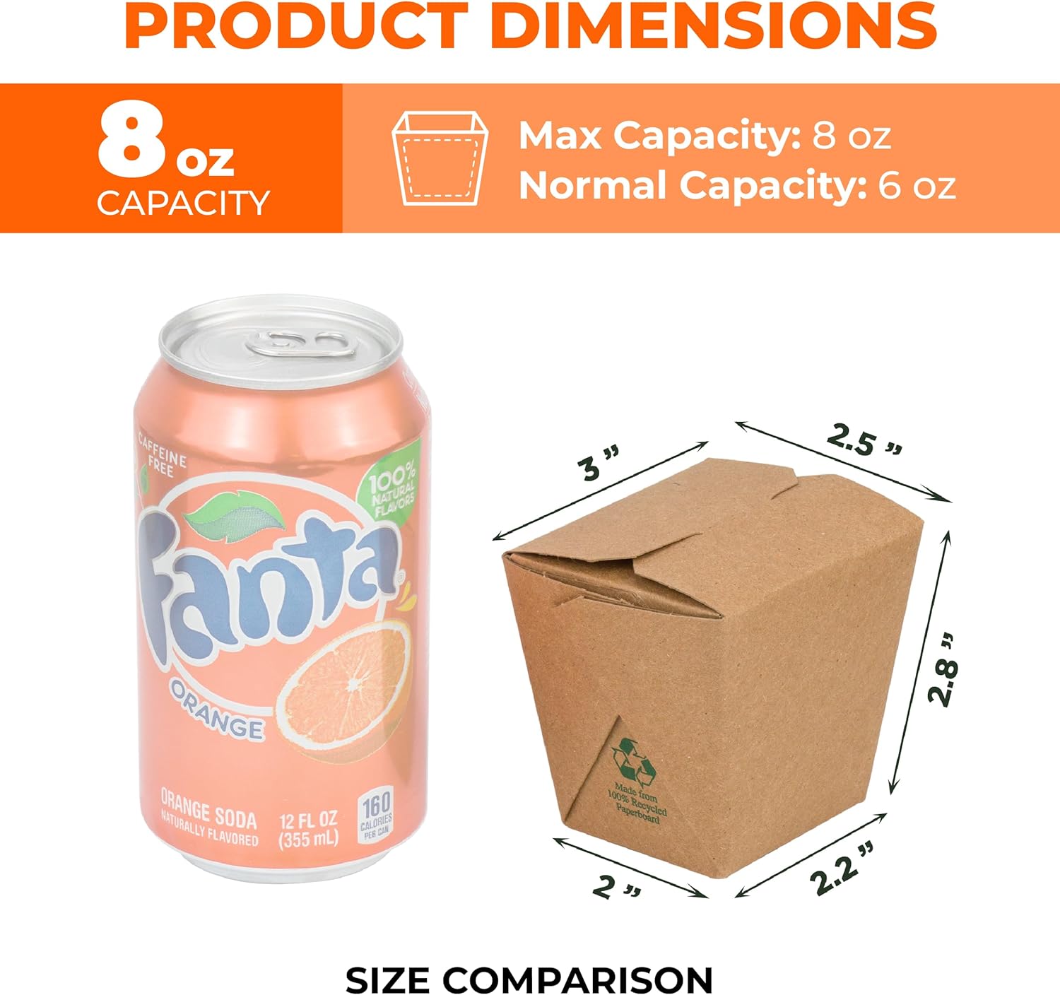Fit Meal Prep Paquete de 50 cajas chinas para llevar de 8 onzas, 3 recipientes de cartón kraft liso de 2.5 pulgadas, resistentes a fugas y grasa,
