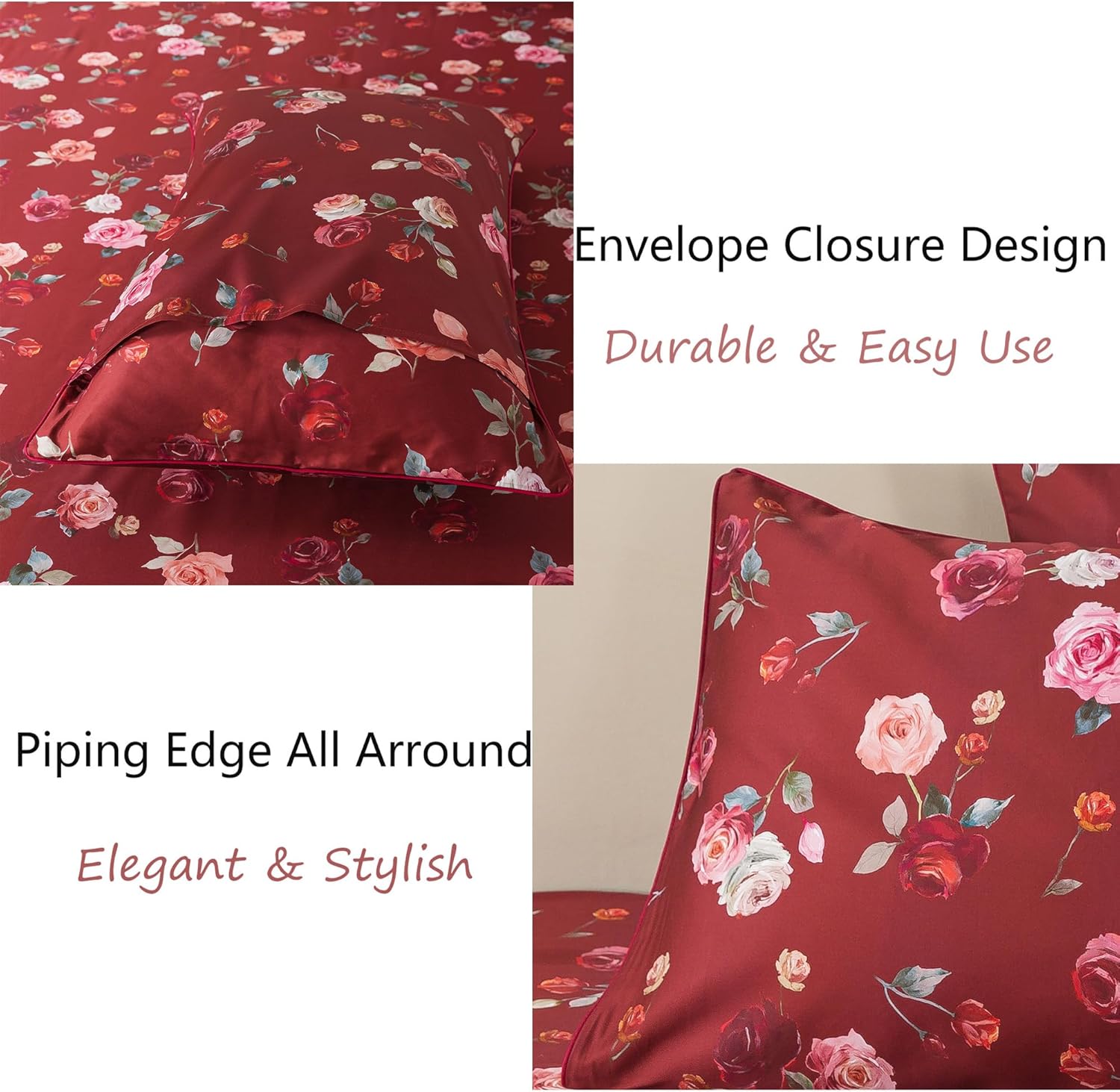 FADFAY Sábanas de rosas rojas, tamaño individual XL, ropa de cama vintage floral rosa elegante, ropa de cama de granja desgastada, 100% algodón