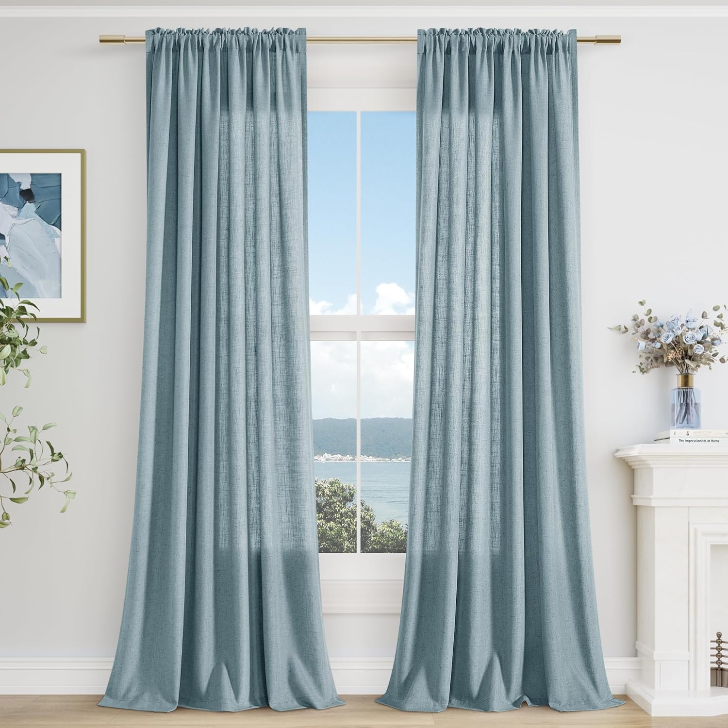 Guken Cortinas de lino azul de 108 pulgadas de largo para sala de estar o dormitorio, juego de 2 paneles de cortinas semitransparentes con bolsillo