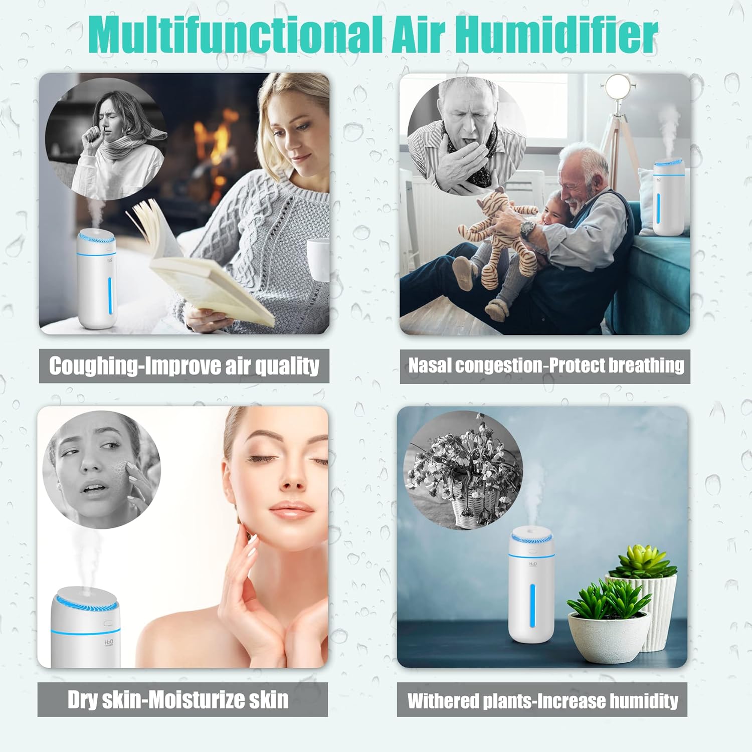 Humidificadores pequeños para dormitorio, habitación, oficina, 13.5 fl oz, humidificadores USB de niebla fría para niños, silenciosos, mini viajes,