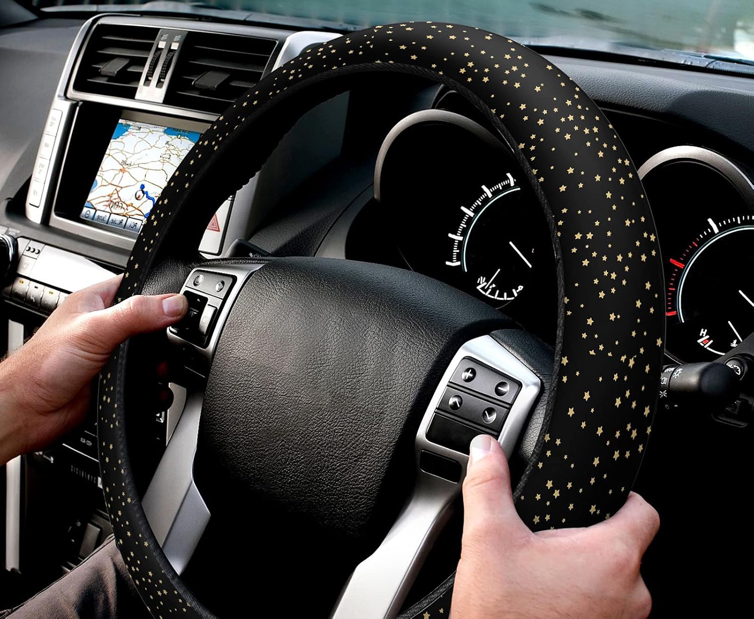 Funda para volante de automóvil, diseño de estrellas pequeñas y doradas, color negro, elástica, esponja, protectora, para vehículos, camiones, SUV,