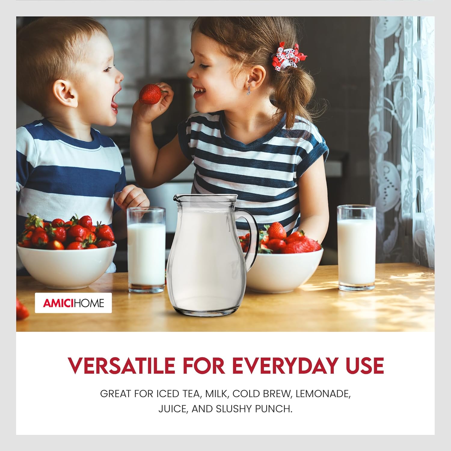 Amici Home Roxy – Jarra de agua de vidrio con asa y boquilla, jarra redonda con labio de hielo, ideal para té helado, sangría, limonada, jugo,