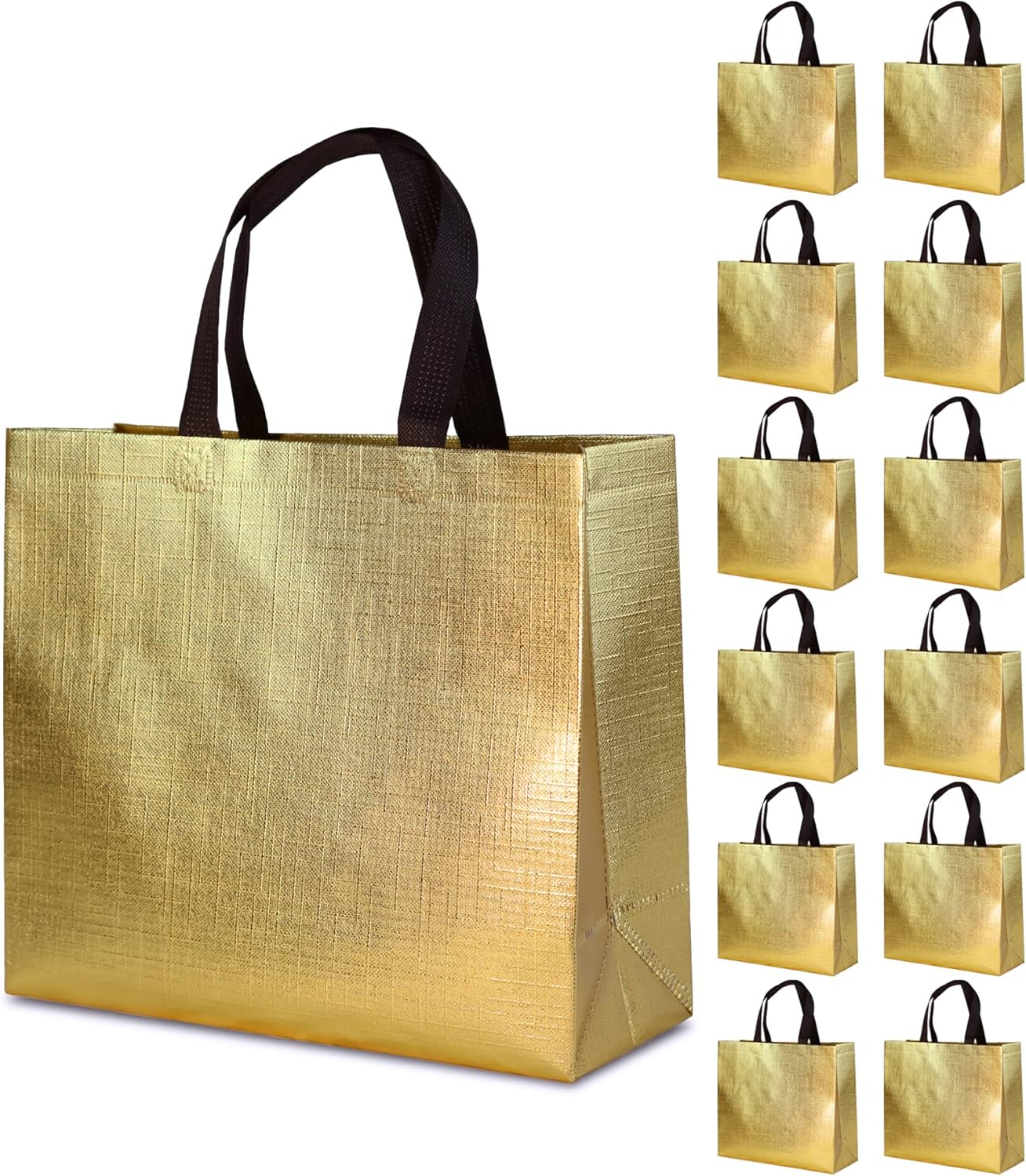 FONXHEE Paquete de 12 bolsas de regalo doradas con asas, bolsas de regalo reutilizables, bolsas de regalo brillantes, bolsas de regalo metálicas no