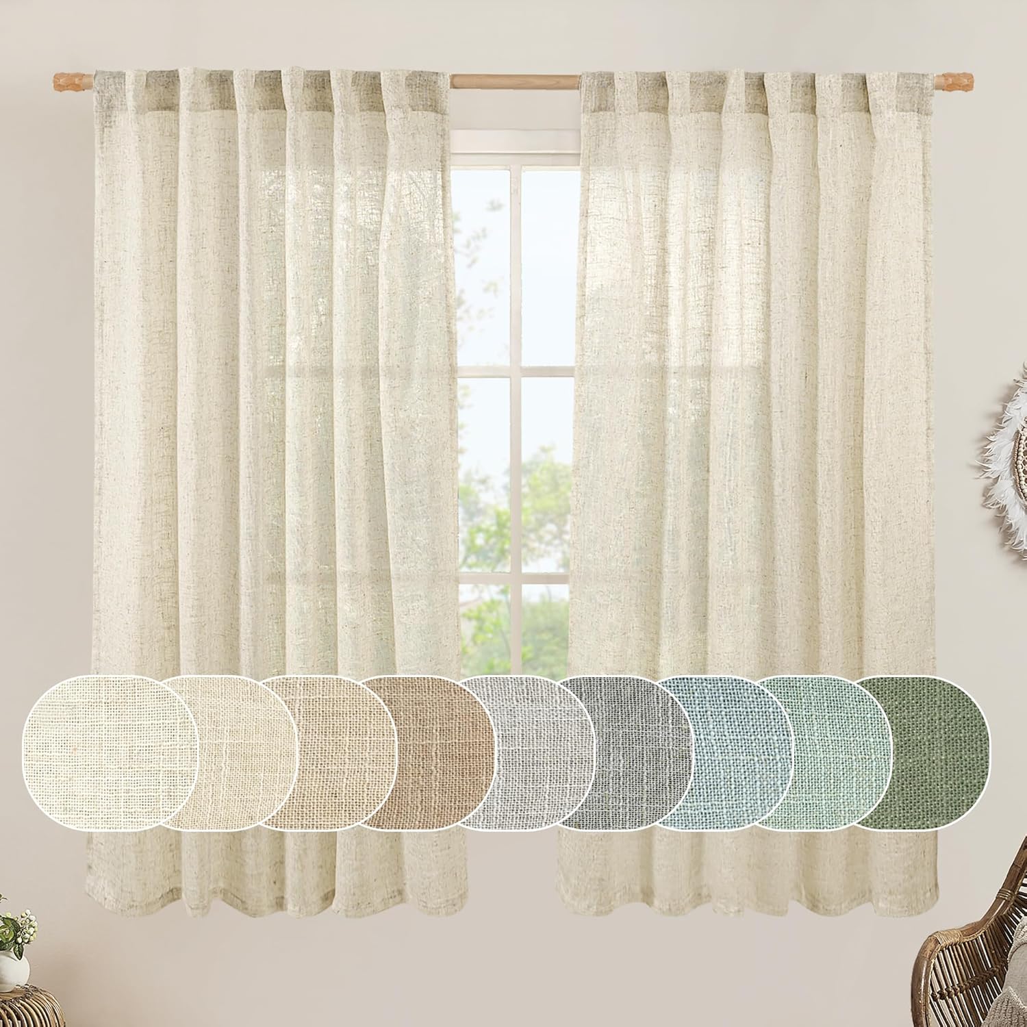 LAMIT Cortinas de lino sintético de 63 pulgadas de largo para dormitorio, con pestaña trasera y bolsillo para barra, cortinas de lino transparentes