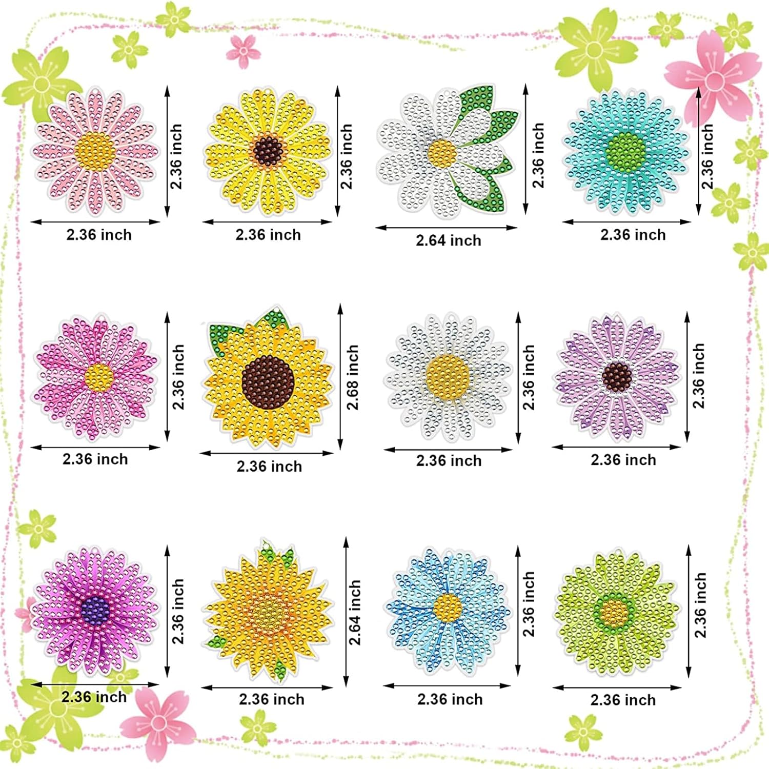 JeCuiK 12 llaveros de pintura de diamante de margarita, bricolaje 5D, llaveros de doble cara de taladro completo de flores colgantes de diamantes