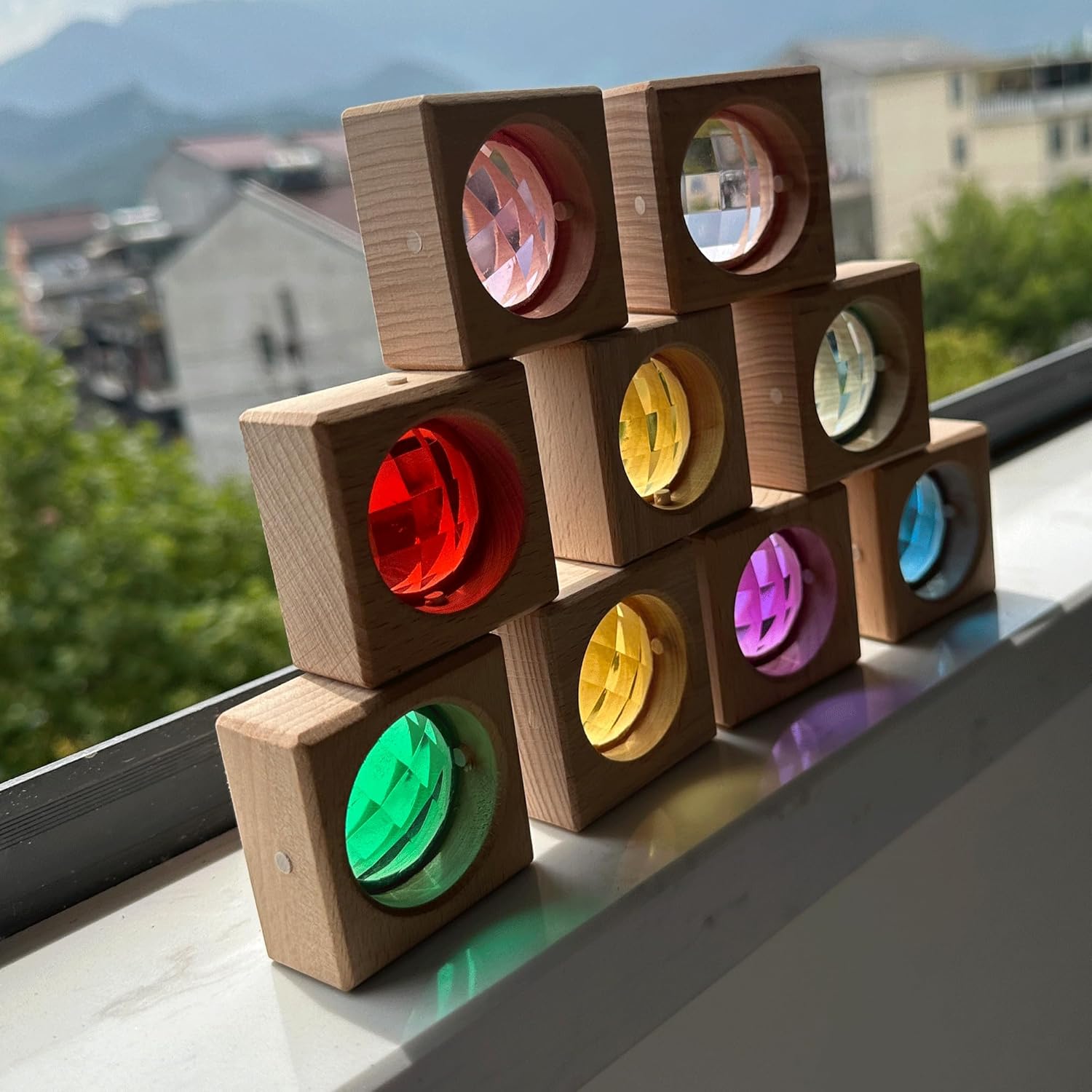 16 bloques de gemas de madera acrílica, juguetes apilables de madera coloridos acrílicos brillantes, juguetes educativos Montessori de madera de