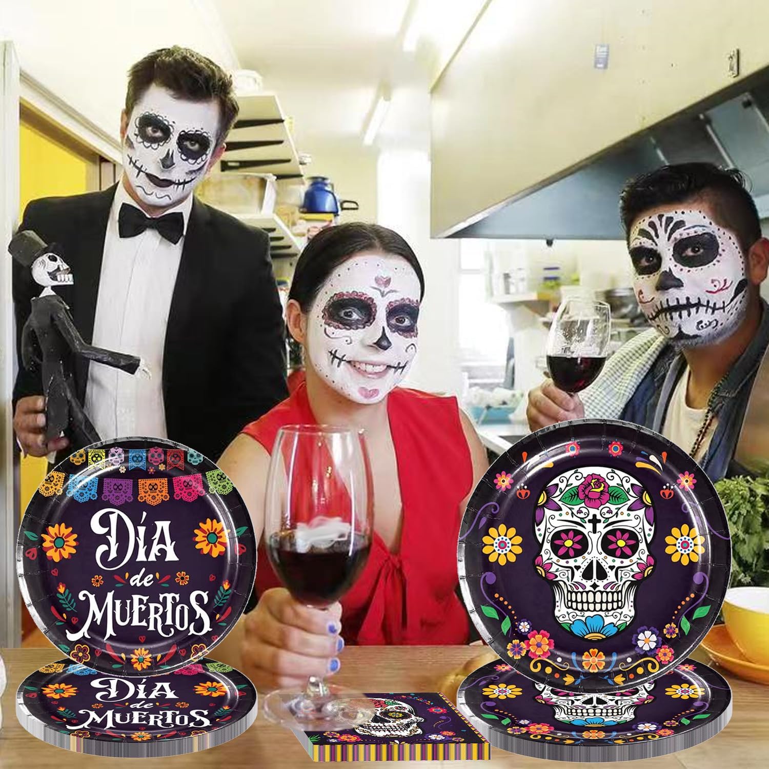 Juego de 64 piezas de vajilla para fiesta del Día de los Muertos Día de los Muertos, suministros de fiesta de calavera de azúcar, platos para fiesta