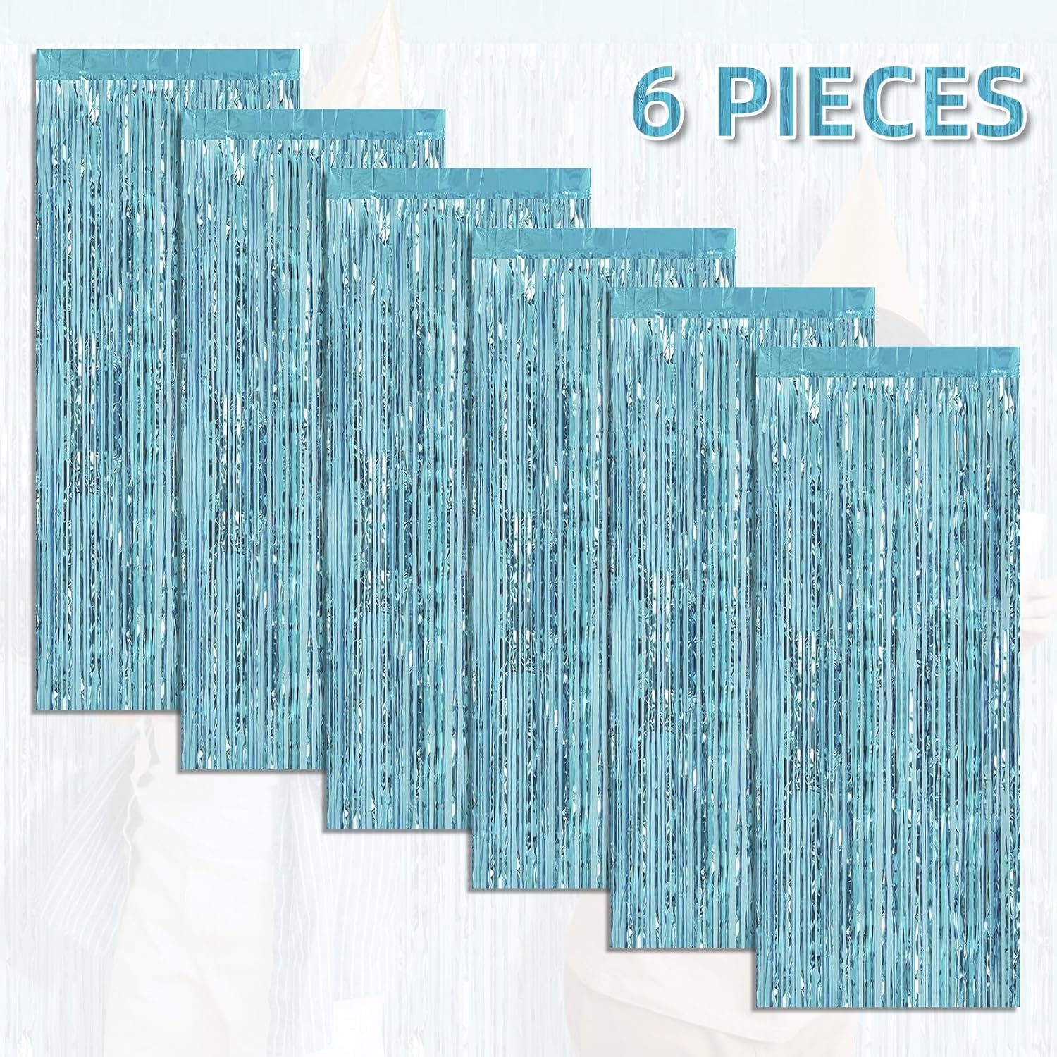 Paquete de 6 cortinas de fondo de flecos de papel de aluminio, 3.28 x 8.2 pies, serpentinas de oropel azul claro, cortinas de flecos metálicos de