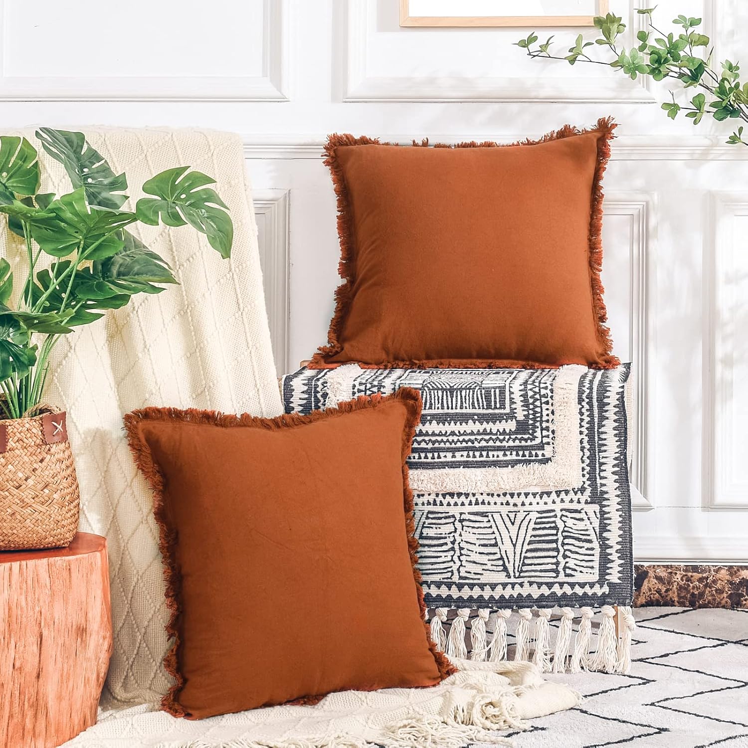 NEXHOME PRO Juego de 2 fundas de almohada bohemias de 20 x 20 pulgadas para sofá, fundas de almohada decorativas hechas a mano de lino para sofá