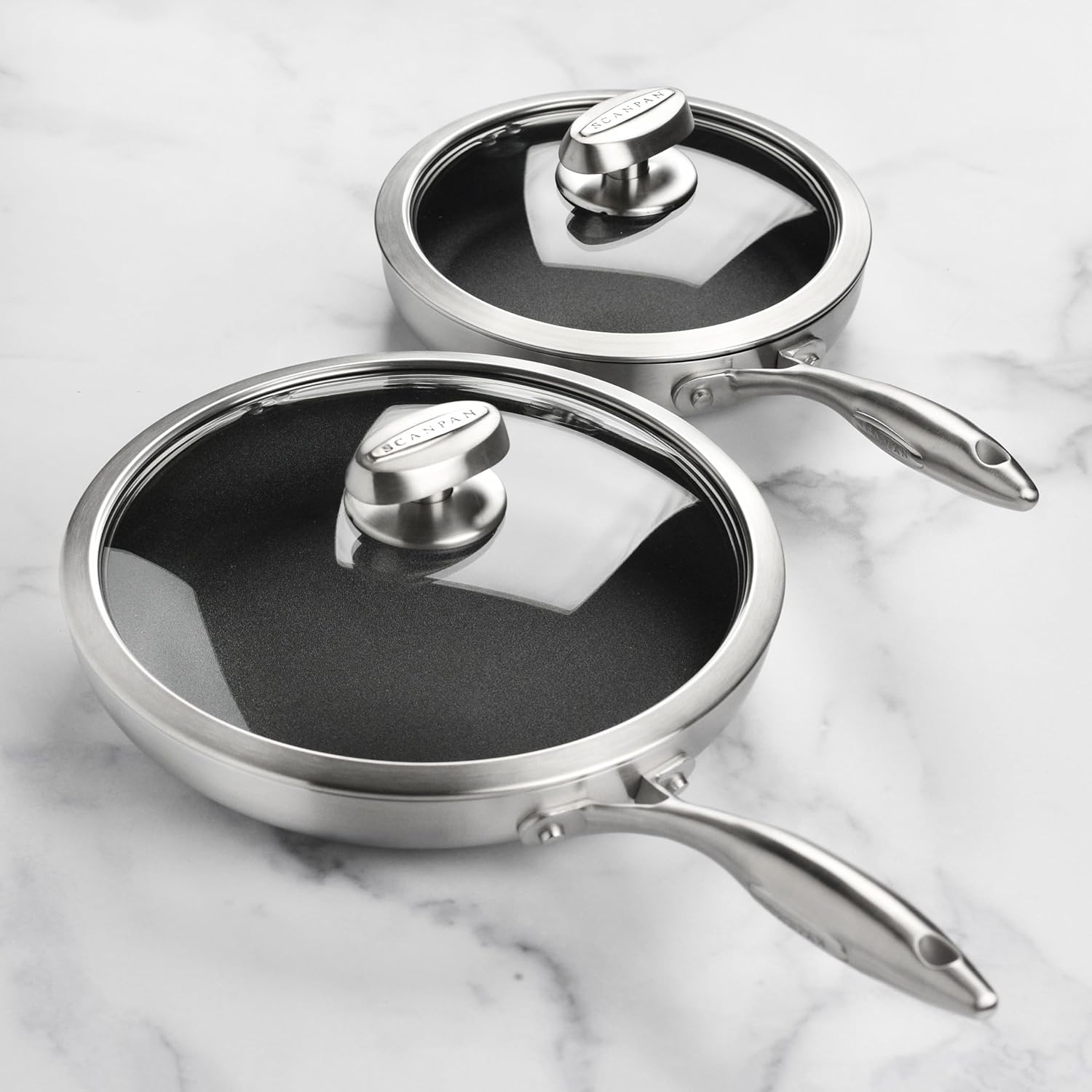 Scanpan CX+ – Juego de sartenes antiadherentes con tapas, sartenes de 8 y 10.25 pulgadas con Stratanium Plus, acero inoxidable de 5 capas