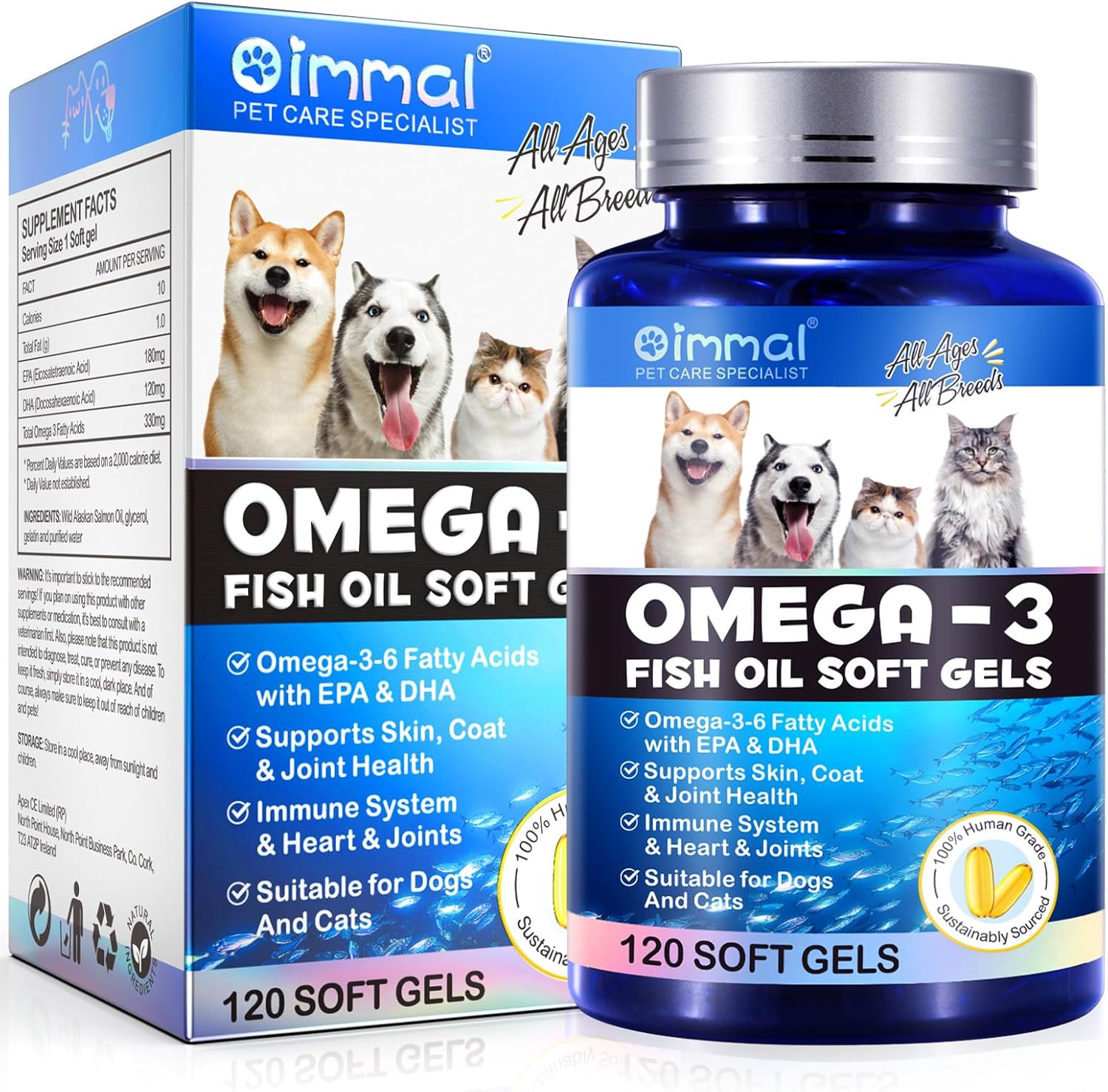 Omega-3 para mascotas, aceite de salmón, geles suaves para perros y gatos (120 unidades) – Suplemento de salud para la piel y el pelaje con ácidos