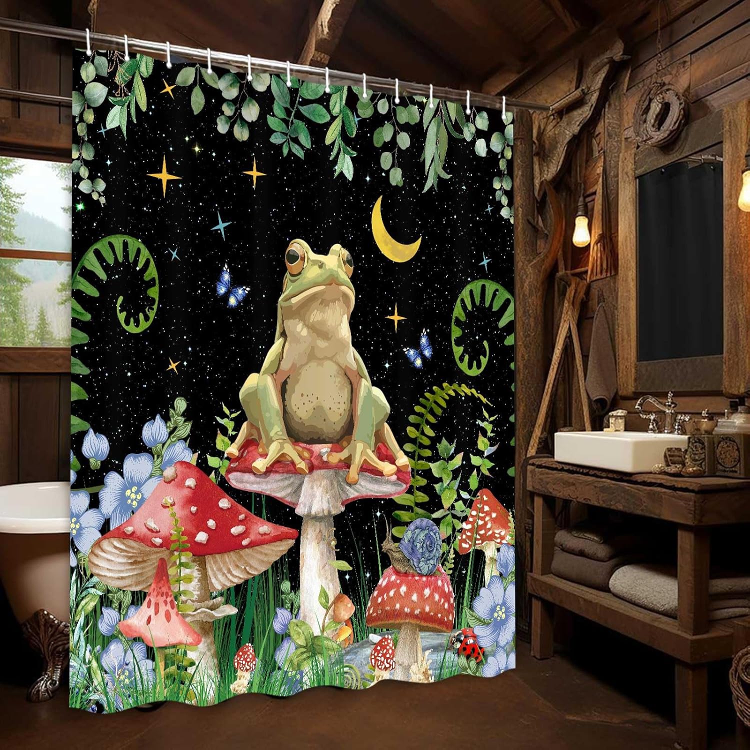 JAWO Cortina de ducha de hongos, cortinas de ducha bohemias con diseño floral, diseño de rana divertida, juego de accesorios de baño con ganchos, 69