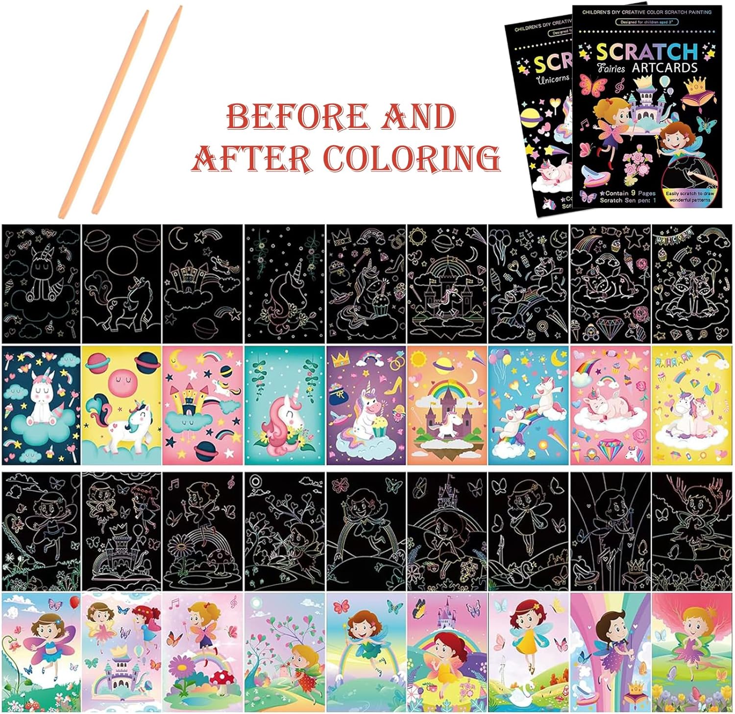 Juego de 2 libros de arte mágico para rascar para niños, unicornios y princesas, juego de 2 piezas de papel mágico arcoíris para manualidades de