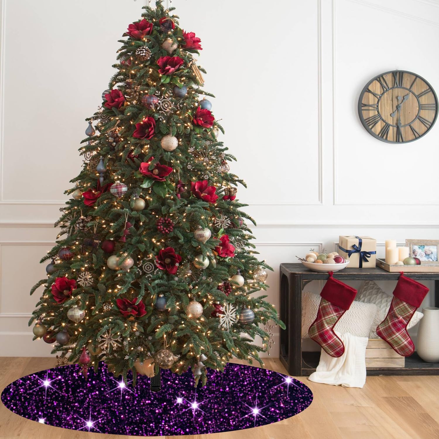 Falda de árbol de Navidad grande de 46 pulgadas, falda de árbol de Navidad con purpurina, falda de base de árbol de secuencia púrpura oscuro, falda