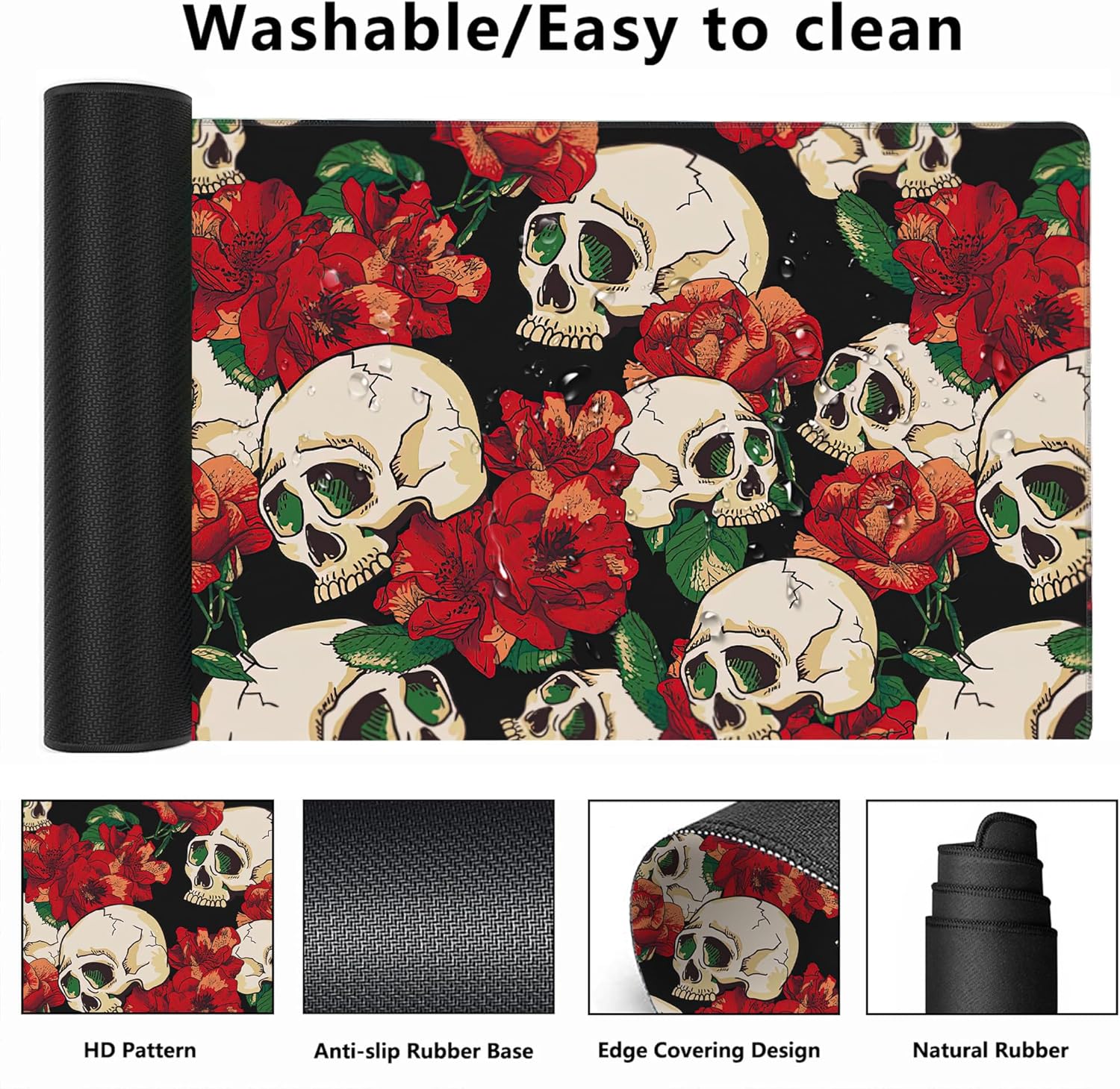 Alfombrilla de escritorio, alfombrilla de mouse para juegos de calavera y flores, alfombrilla de mouse extendida XXL para oficina, computadora,