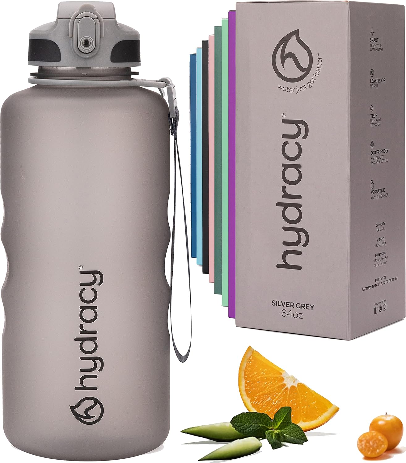 Hydracy Botella de agua con marcador de tiempo, botella de agua grande sin BPA y funda sin sudor, botella de gimnasio a prueba de fugas con infusor