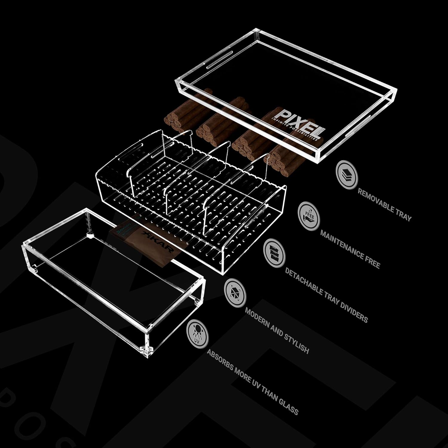 Large Clear Acrylic Humidor  Holds 50-70 Cigars  Airtight – Mess Free – No Seasoning – Activation or Maintenance!