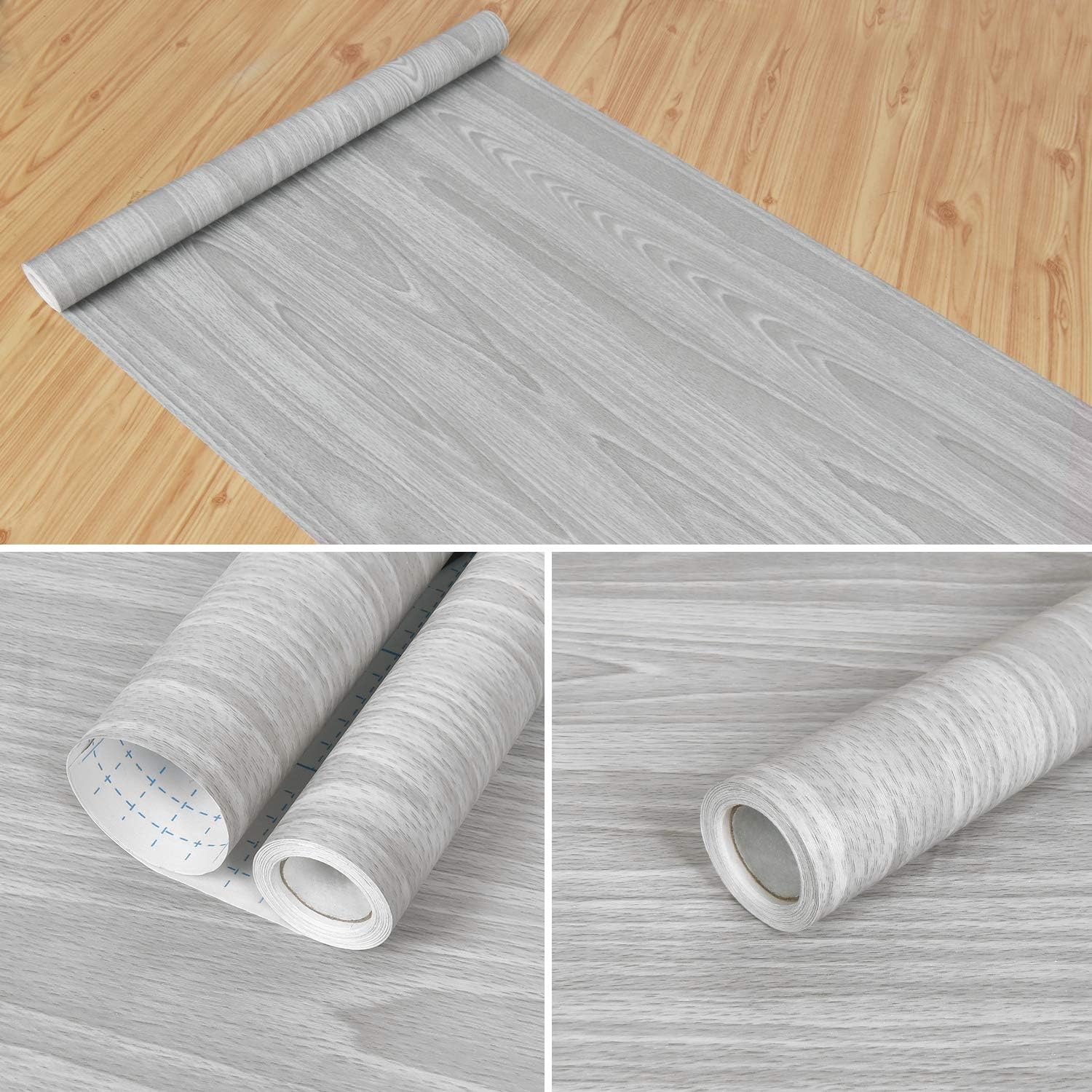 Papel adhesivo de madera gris de 17.71 x 590 pulgadas, textura de grano de madera, papel adhesivo para despegar y pegar, papel adhesivo gris claro,