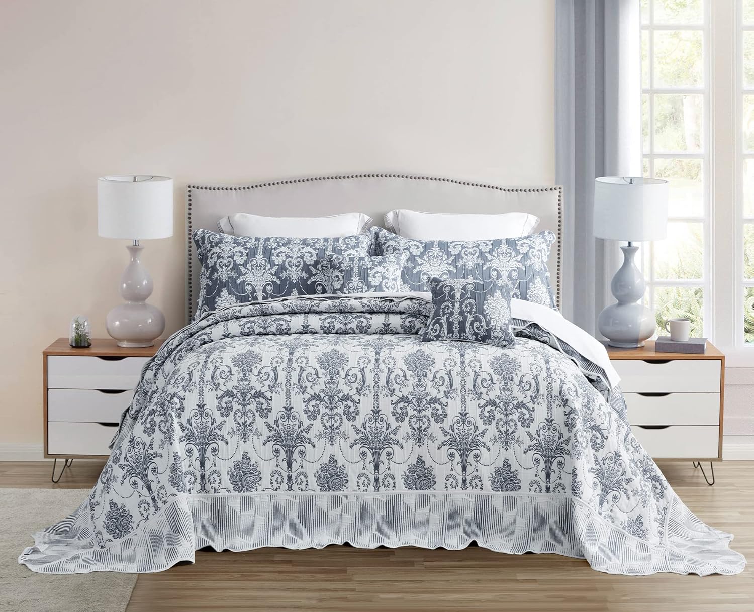 Colcha extragrande tamaño King, color azul, 138 x 122 pulgadas, extra ancha, diseño de damasco jacquard matelasse, ligera, reversible, 5 piezas,