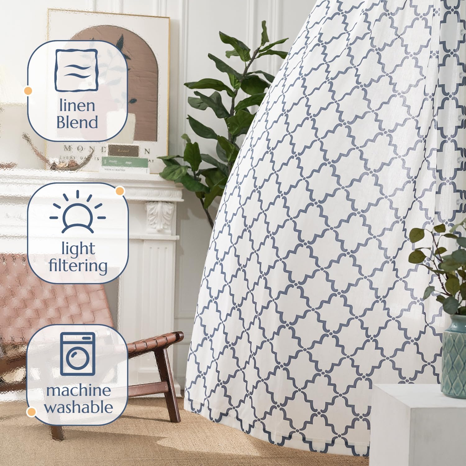 jinchan Cortinas de lino con estampado de enrejado marroquí para sala de estar, cortinas azules de granja de 84 pulgadas de largo, 2 paneles para