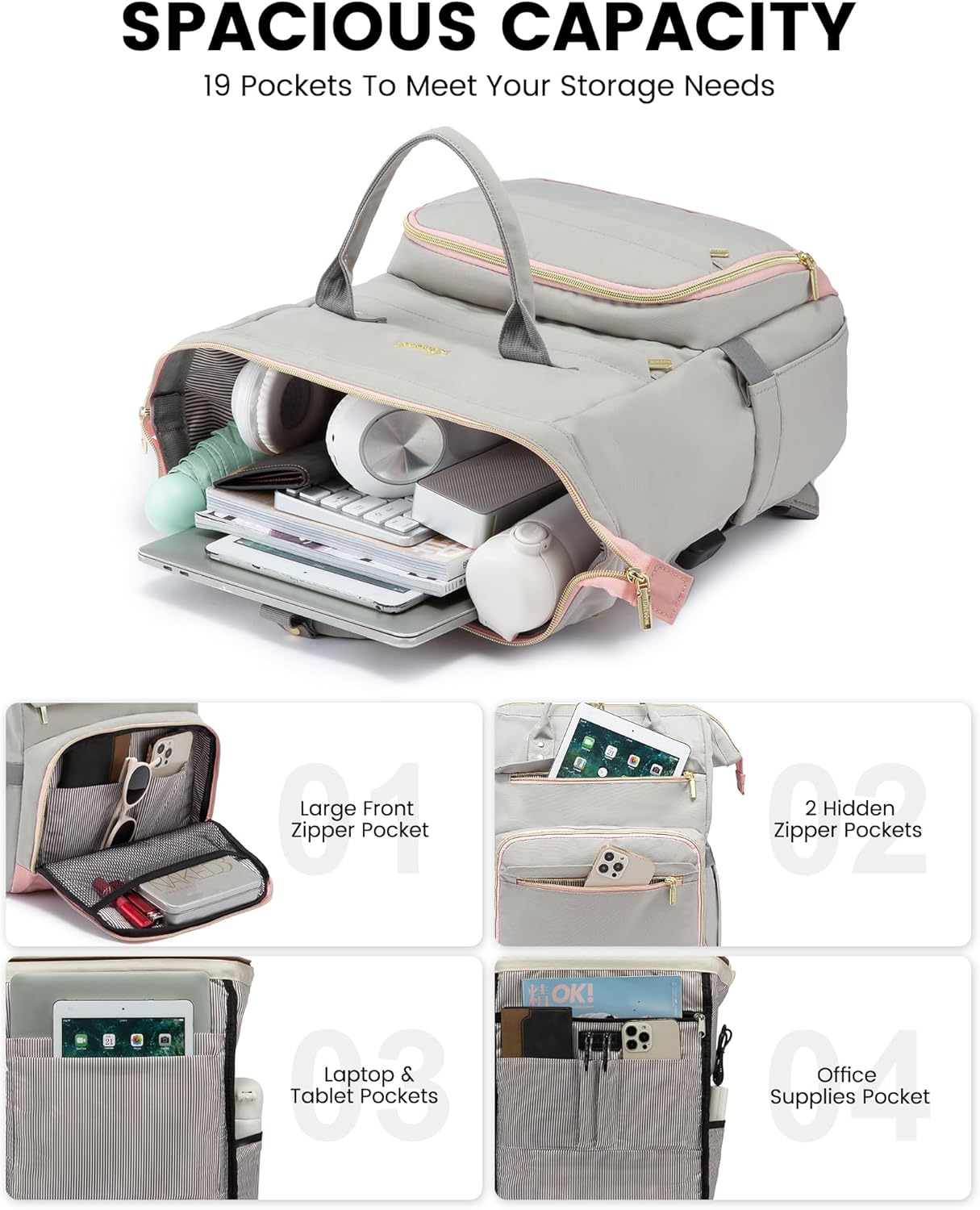 LOVEVOOK Mochila para laptop para mujer, 15.6 pulgadas de ancho abierto, mochila de viaje para mujer, con puerto USB, impermeable, para profesores,