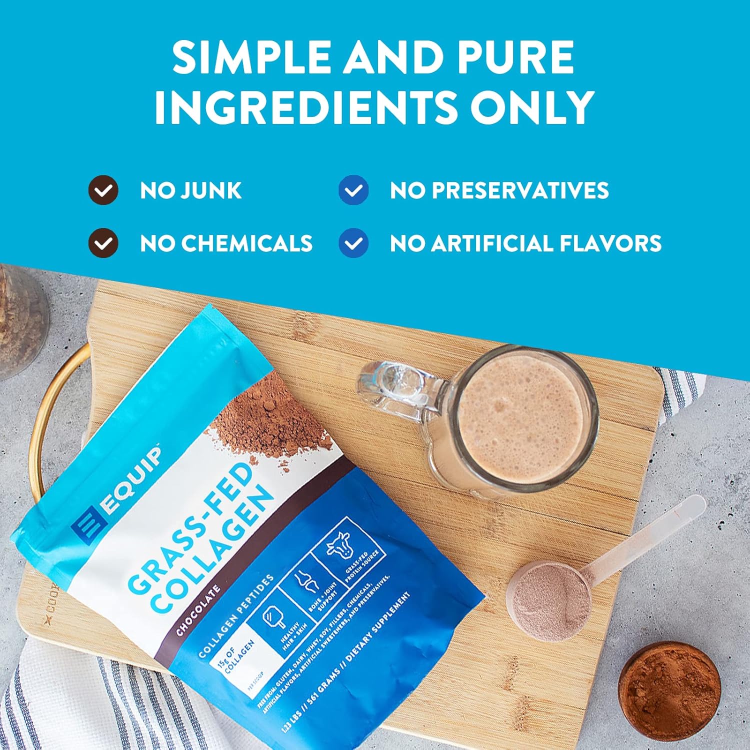 Equip Foods Polvo de colágeno alimentado con pasto  Péptidos de colágeno bovino 100% hidrolizados con aminoácidos  Colágeno de carne de res para