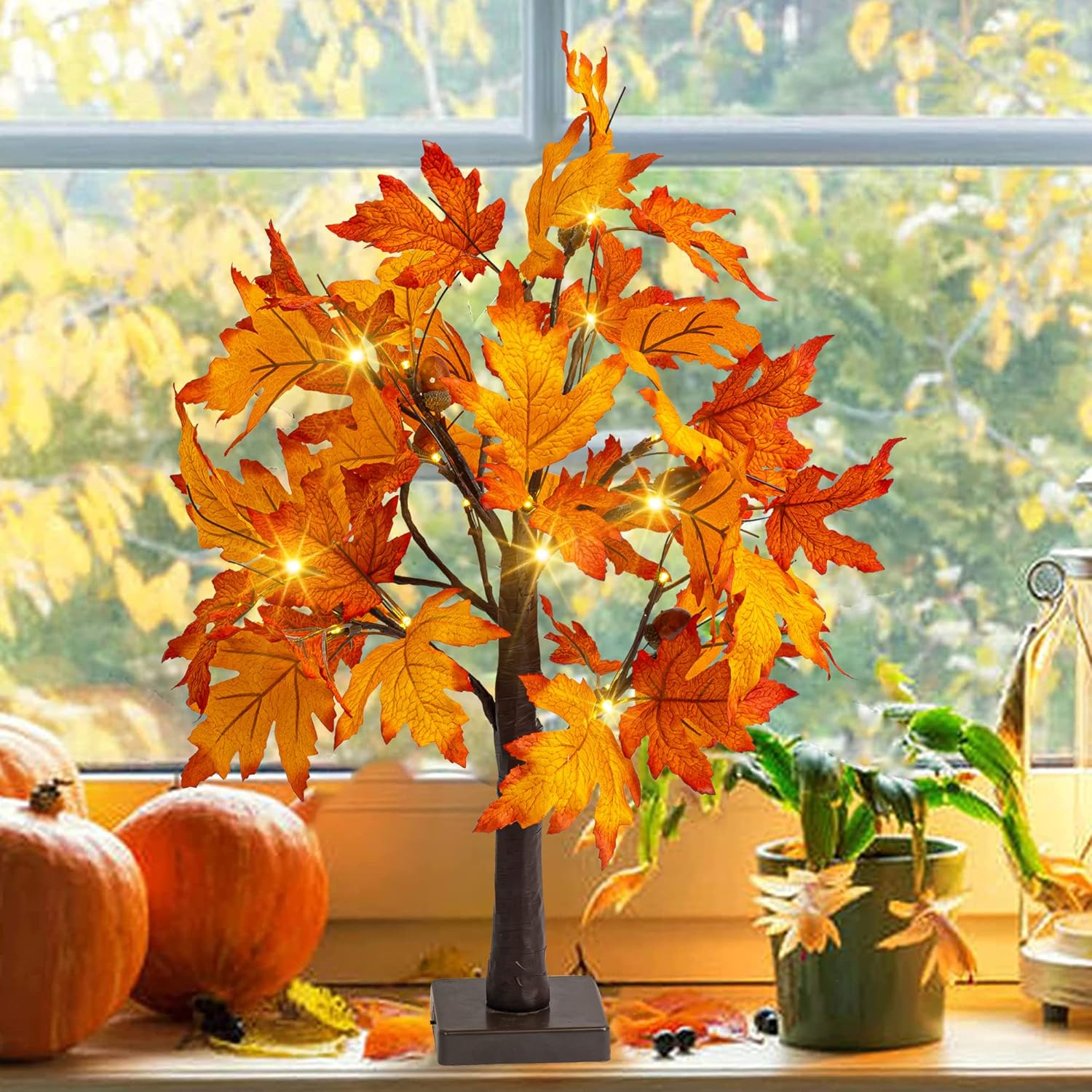 Dazzle Bright Paquete de 2 decoraciones de árbol de arce de otoño iluminadas de 24 pulgadas, 24 luces LED, funciona con pilas, árbol artificial con