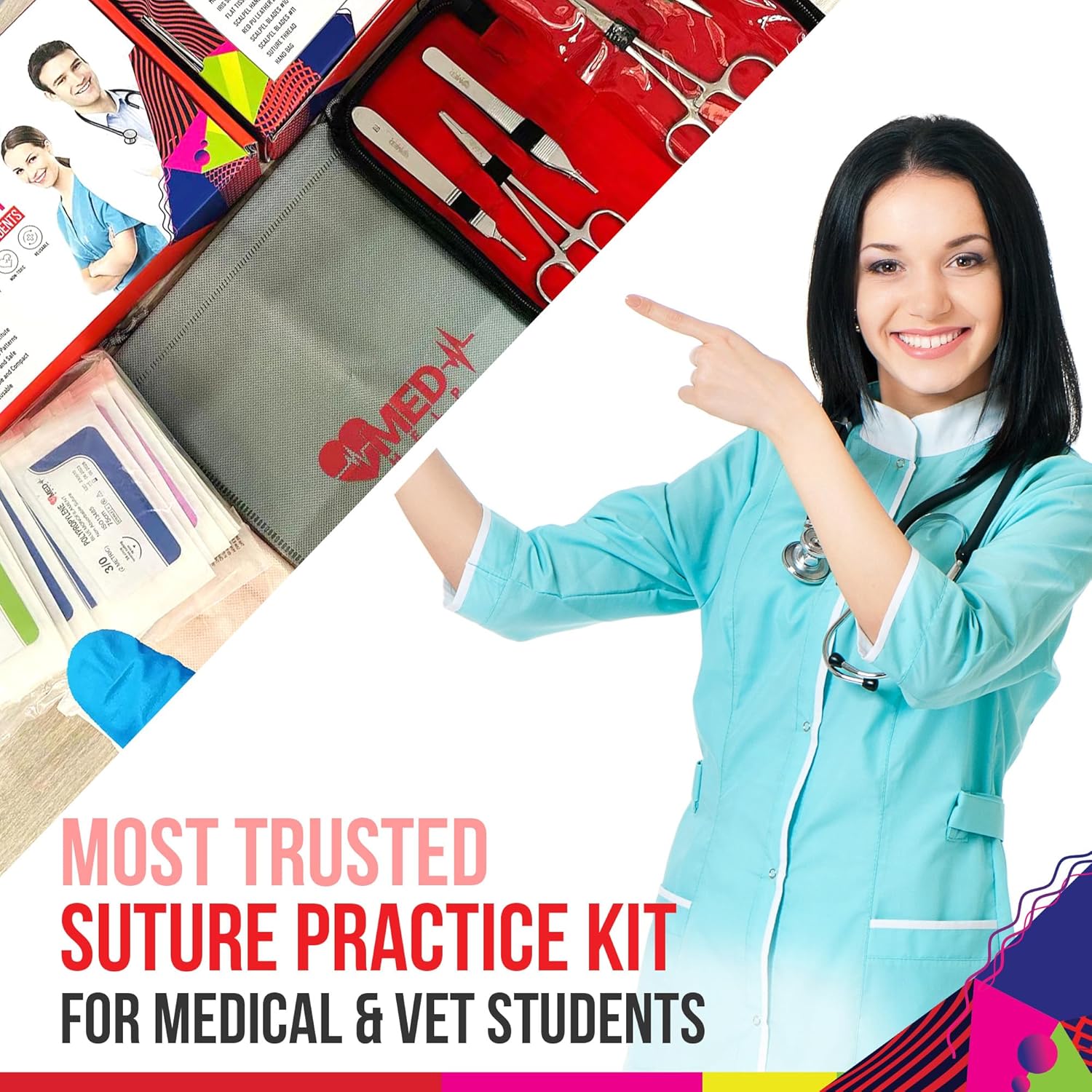 MedHelp Kit de sutura de 50 piezas para estudiantes de medicina de práctica – Kit completo de práctica de sutura para entrenamiento quirúrgico