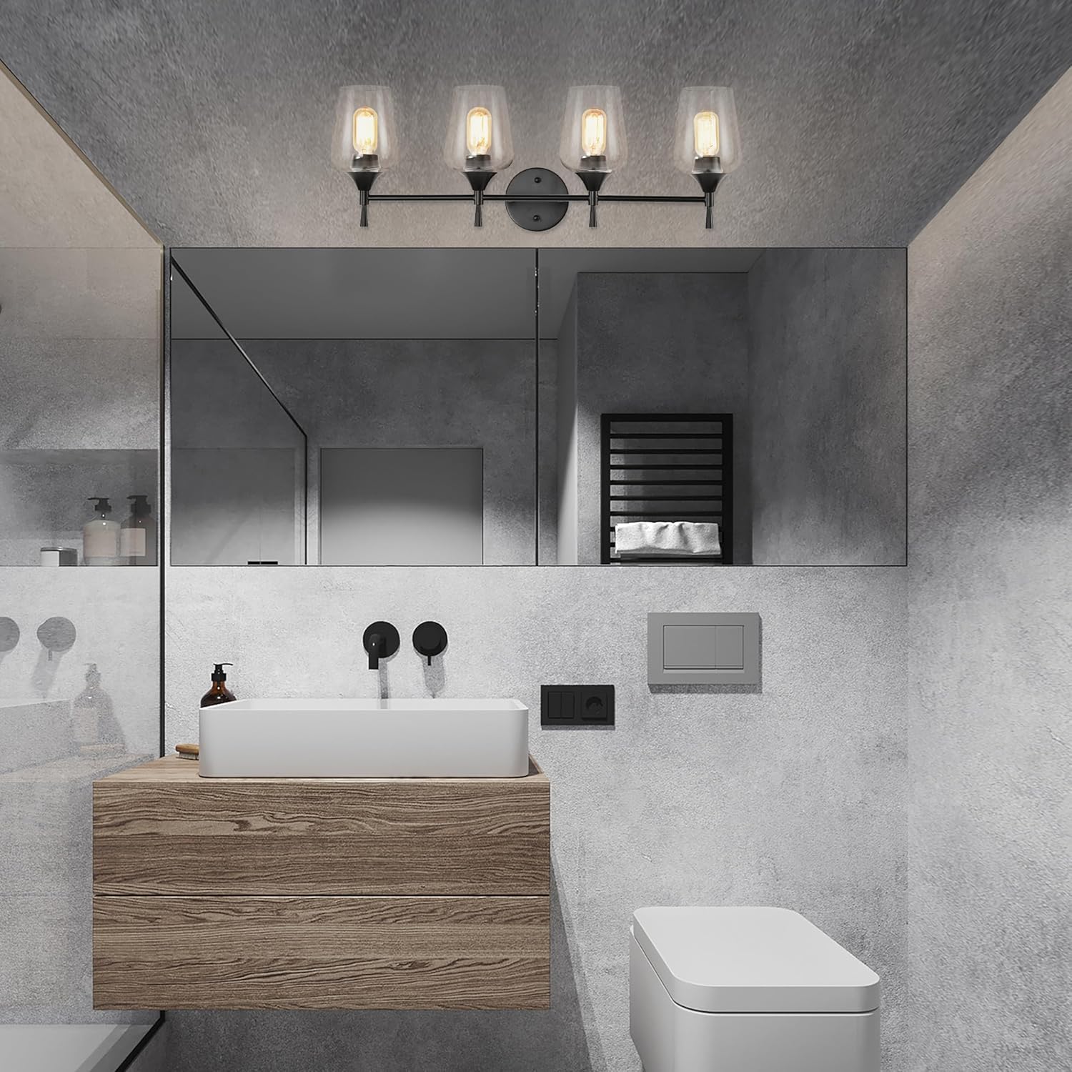 Edvivi Lámpara de tocador de baño de 4 luces, color negro mate clásico con pantalla de vidrio transparente, lámpara de pared para espejos,