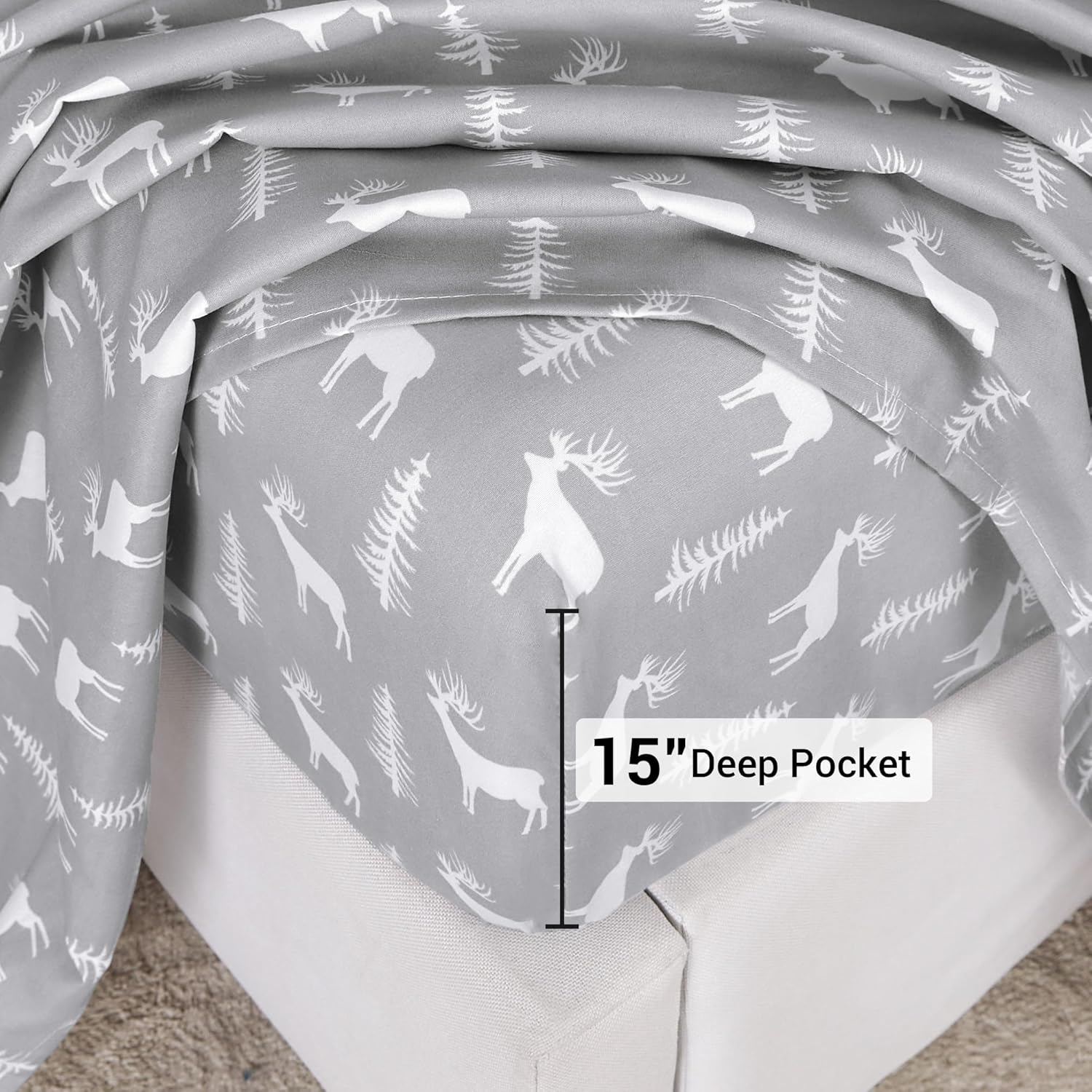 Sábanas estampadas de tamaño Queen, sábanas de vacaciones de Navidad, sábana bajera ajustable de microfibra cepillada con bolsillo profundo de 15