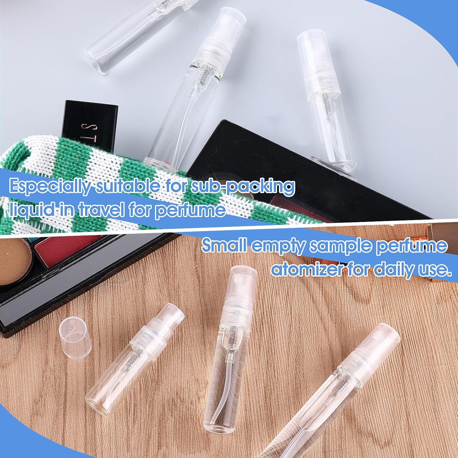 Paquete de 15 mini botellas de aerosol, botellas de plástico de niebla fina de 0.1 fl oz0.2 fl oz0.3 fl oz, botella atomizadora recargable para