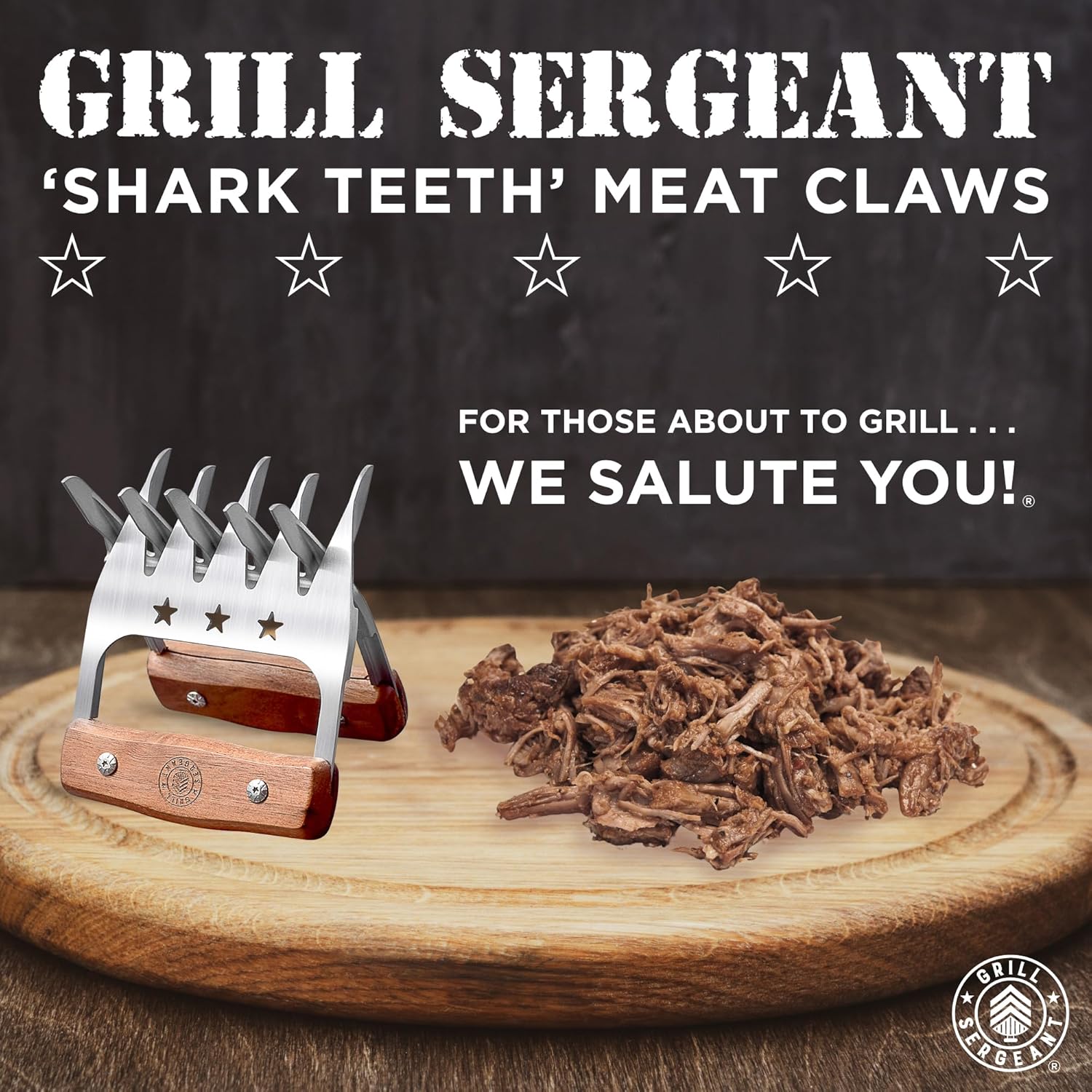GRILL SERGEANT Garras de metal para carne, trituradora de cerdo a la barbacoa, garantía para siempre, asas de madera de nogal, patentadas, tenedores