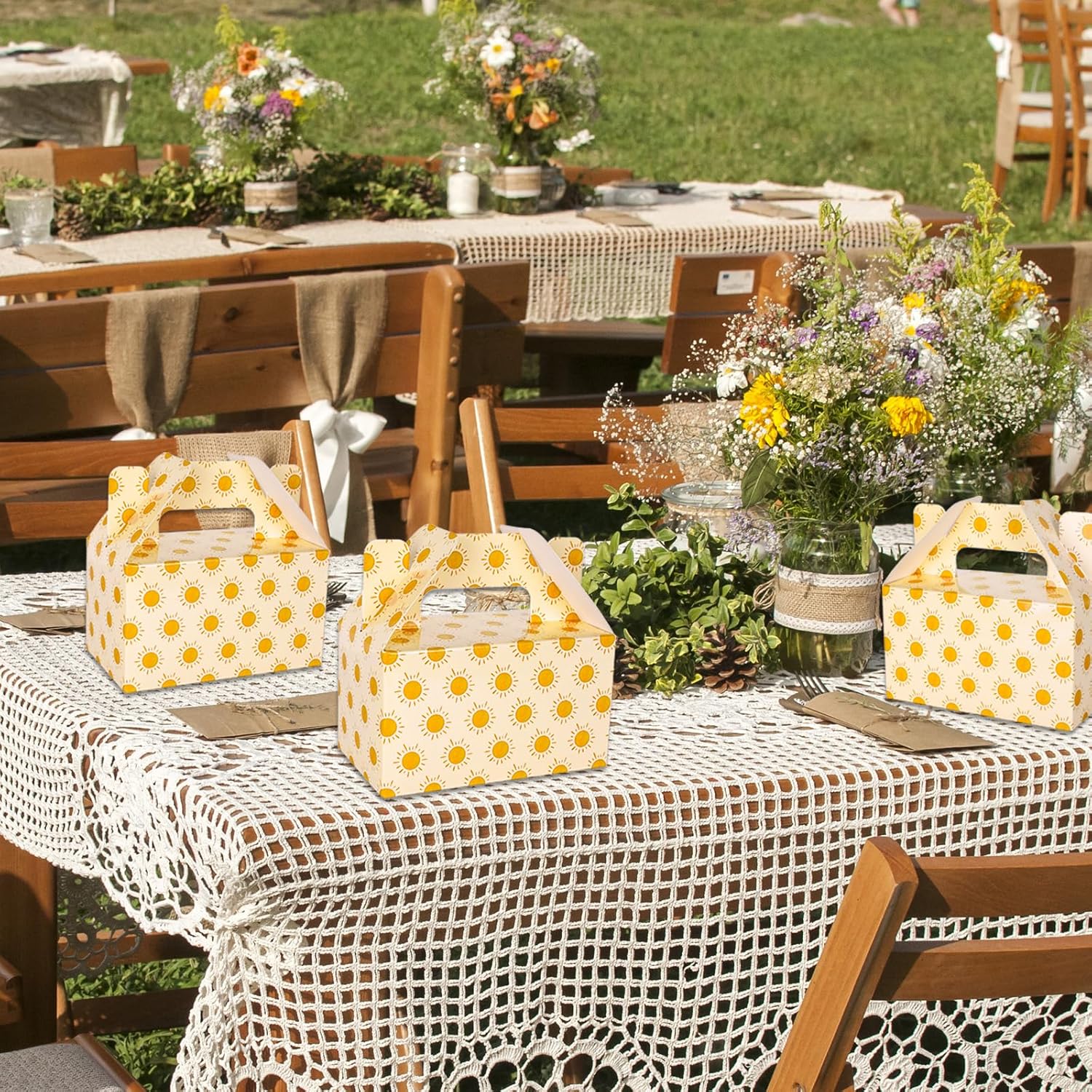 Whaline 24 cajas de regalo de fiesta de sol, bohemias, patrones de sol, acuarela, dulces, pasteles, cajas de regalo con asas, bonitas cajas de