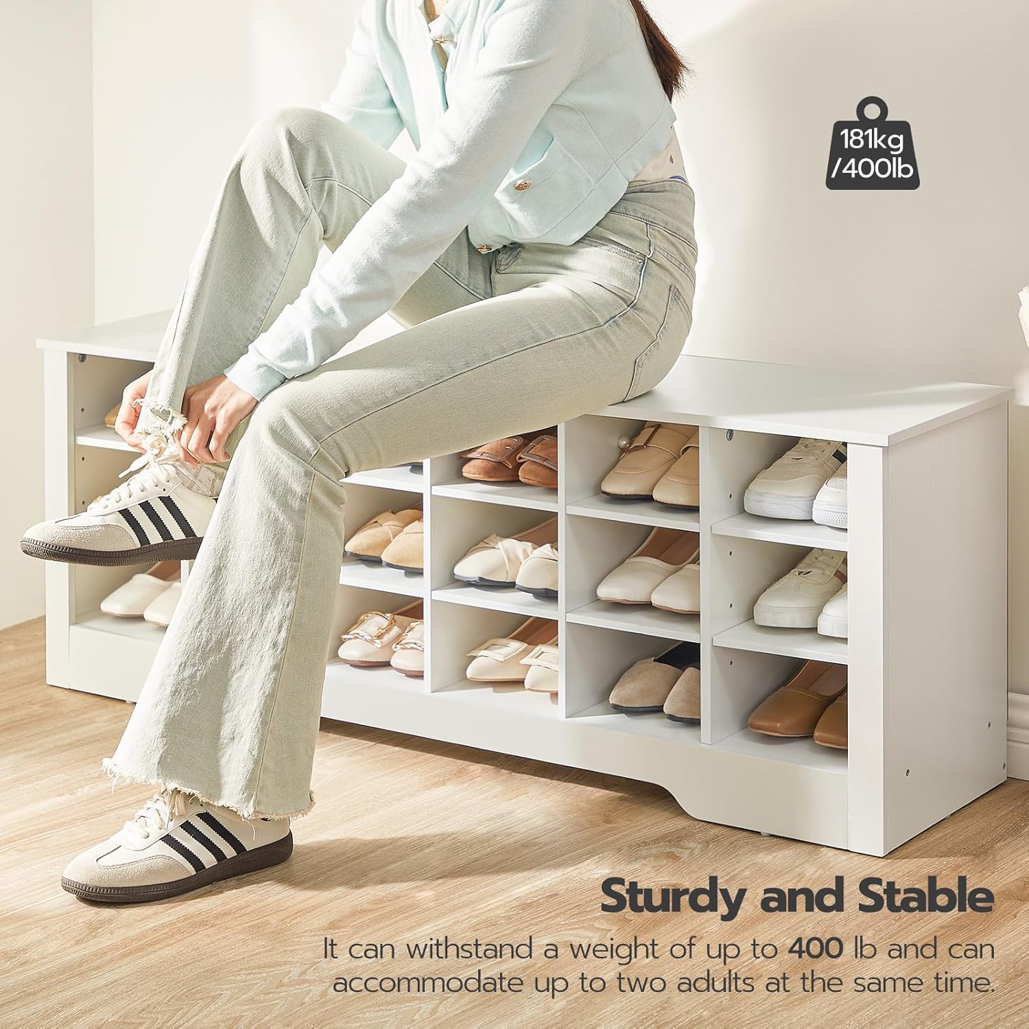 Banco de zapatos, banco de almacenamiento de zapatos de 18 cubículos, cubo multifuncional para zapatos, banco de entrada largo, estantes ajustables,