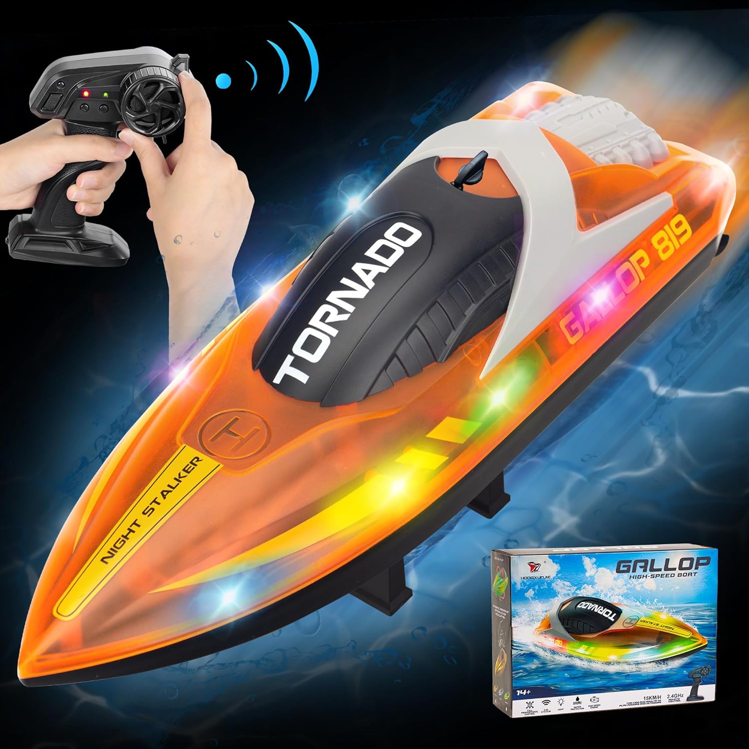 Barco a control remoto para niños de 8 a 12 años, 15+ MPH barco de control remoto rápido con luces LED, 2.4G RC barcos eléctricos para piscina y