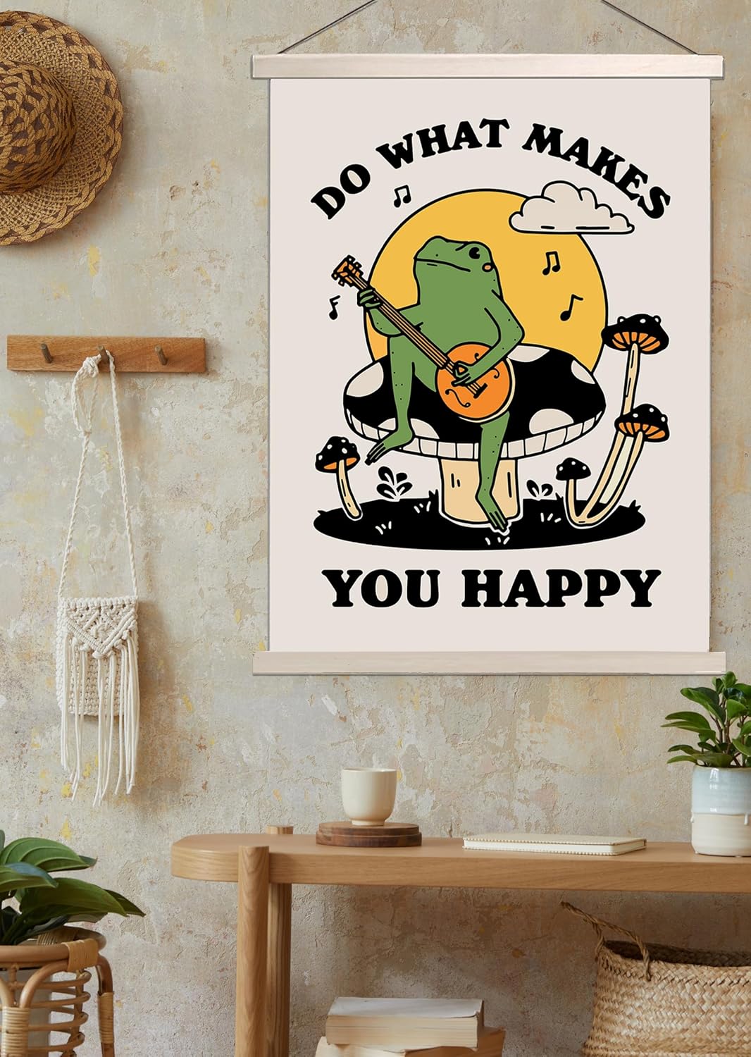 Do What Makes You Happy – Póster colgante divertido de hongos de rana de 16 x 22 pulgadas, decoración de pared verde Cottagecore para sala de estar,