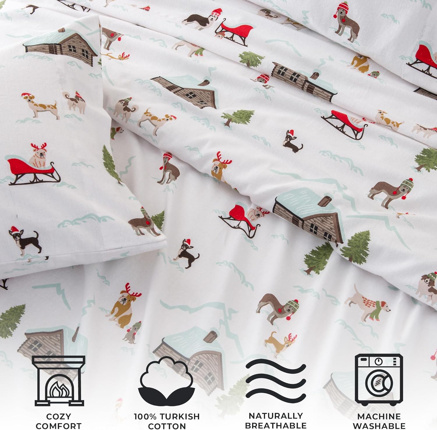 Great Bay Home Juego de sábanas de franela de algodón turco 100 % para Navidad, bajera con gran caída lateral, suaves, para tener una cama cálida,