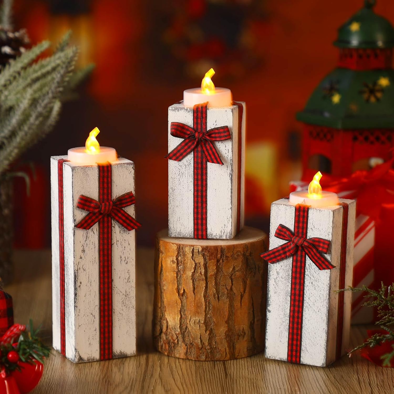 Zhehao 3 portavelas de té de Navidad, portavelas votivas de madera navideña, candelabro rústico de madera de Navidad con lazo a cuadros para