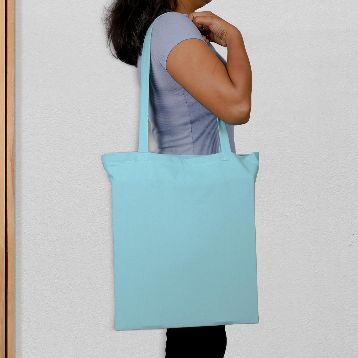 Urban Villa Paquete de 48 bolsas de comestibles reutilizables de 15 x 16 pulgadas con mango largo de 27 pulgadas, color aguamarina, 100% algodón,