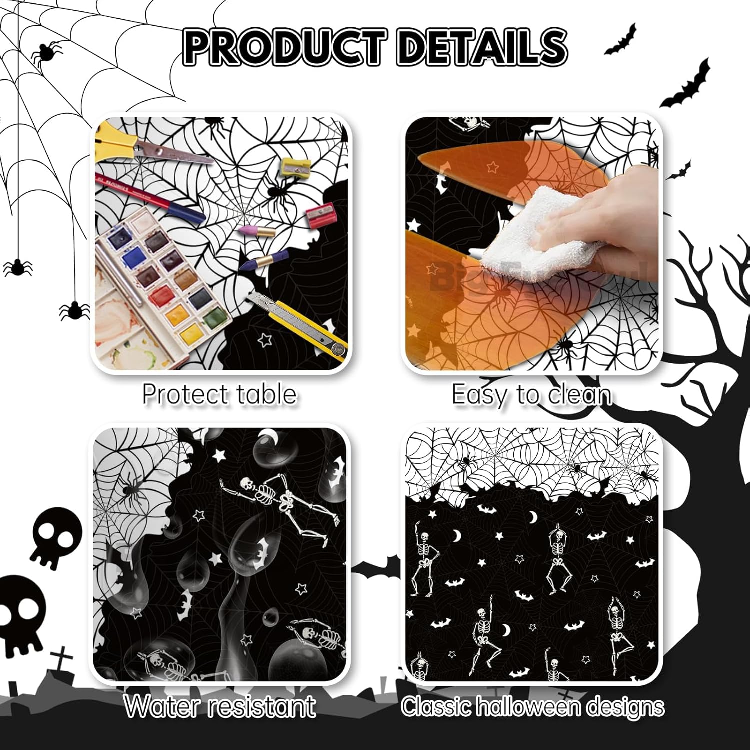 2 manteles desechables de Halloween con diseño de calavera y esqueleto, de plástico, color negro, rectangular, de vinilo, para decoración de fiestas