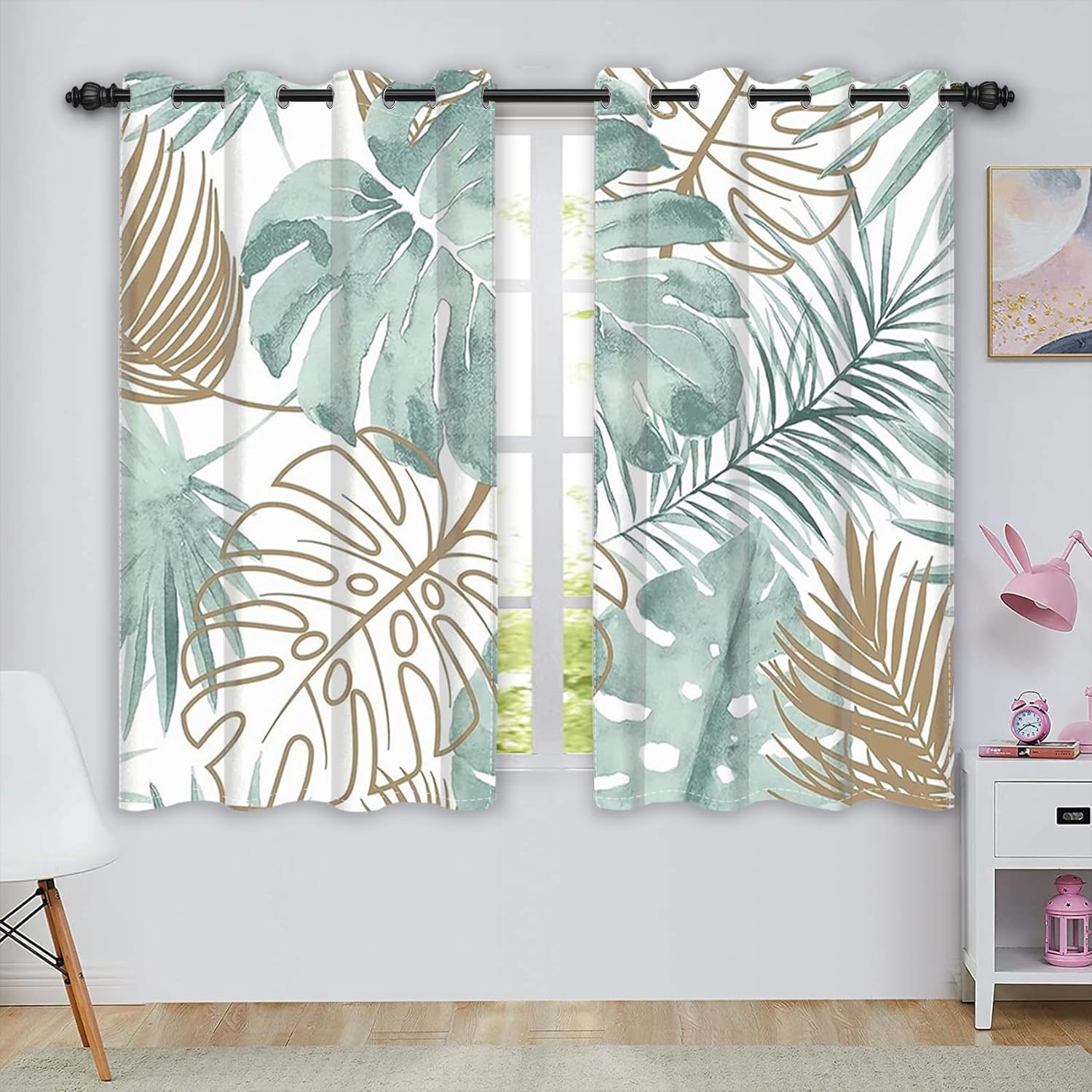 Renaiss Cortinas opacas de hojas tropicales, hojas de Monstera de palmera verde, con aislamiento térmico, para dormitorio, plantas botánicas,