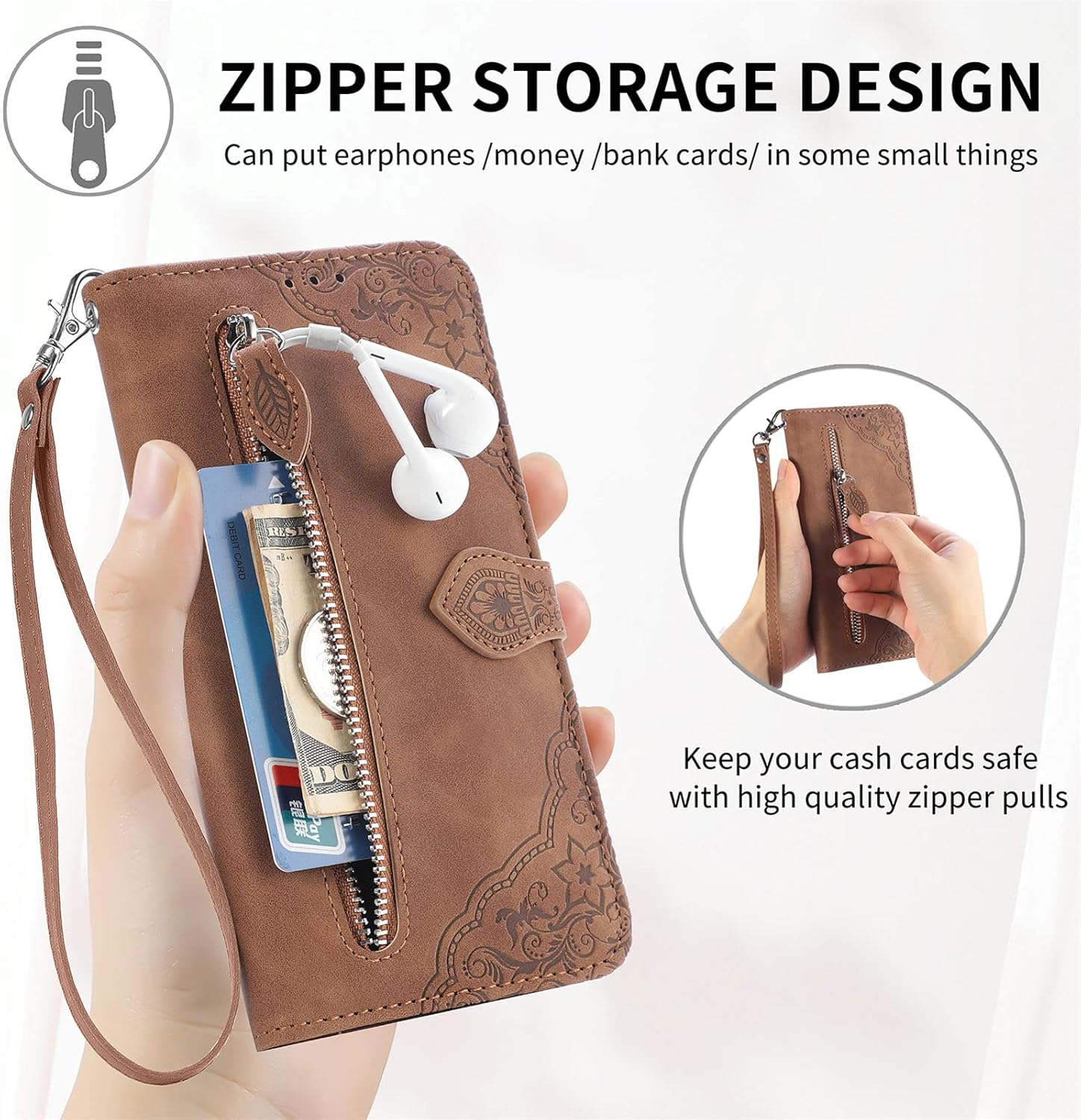 Funda tipo cartera con diseño de almacenamiento con cremallera para Xiaomi Redmi Note 11 4G, piel agradable al tacto con cierre magnético y ranuras