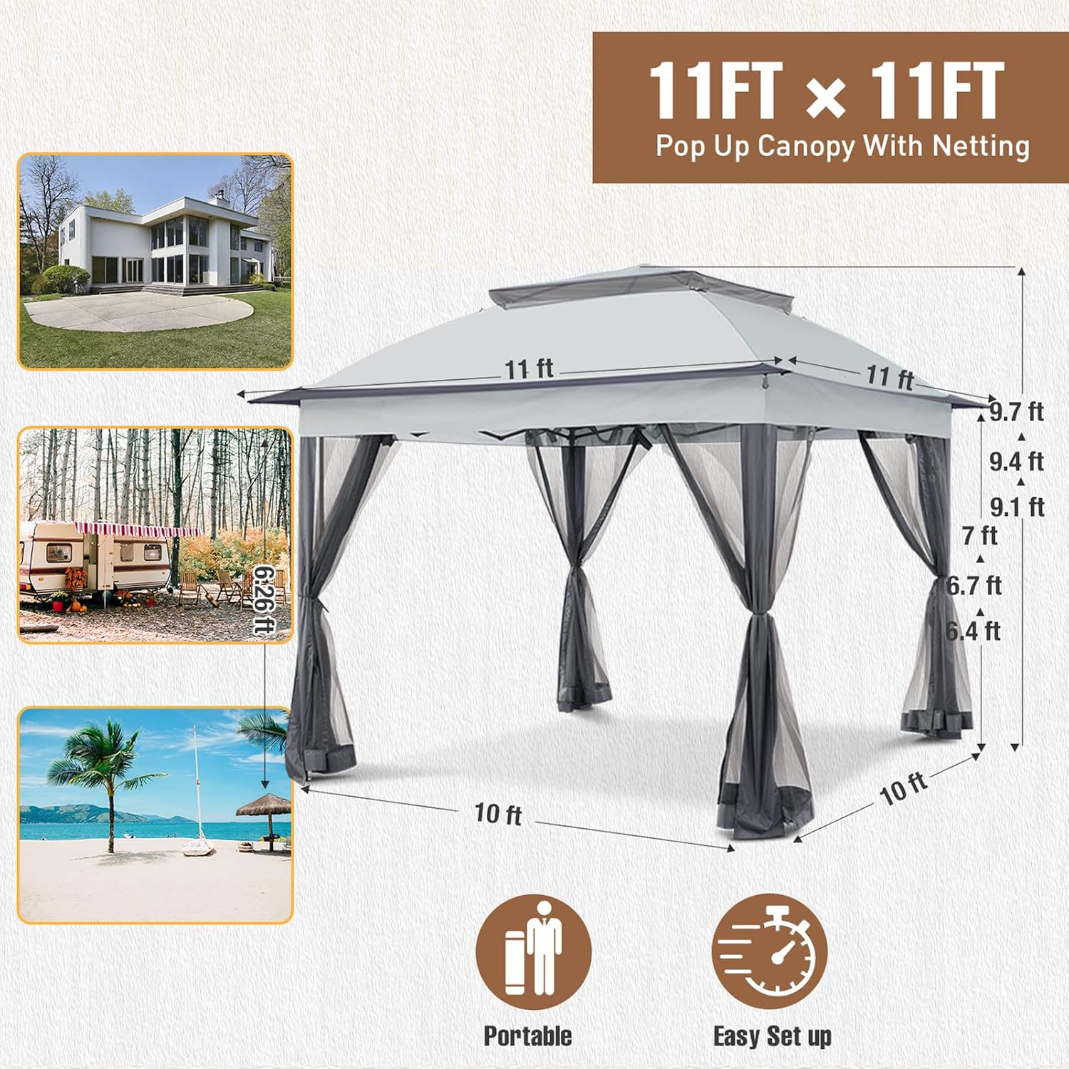 Tienda de campaña para exteriores de 11 x 11 pulgadas con paredes de malla para patio, césped, patio trasero y terraza, gris