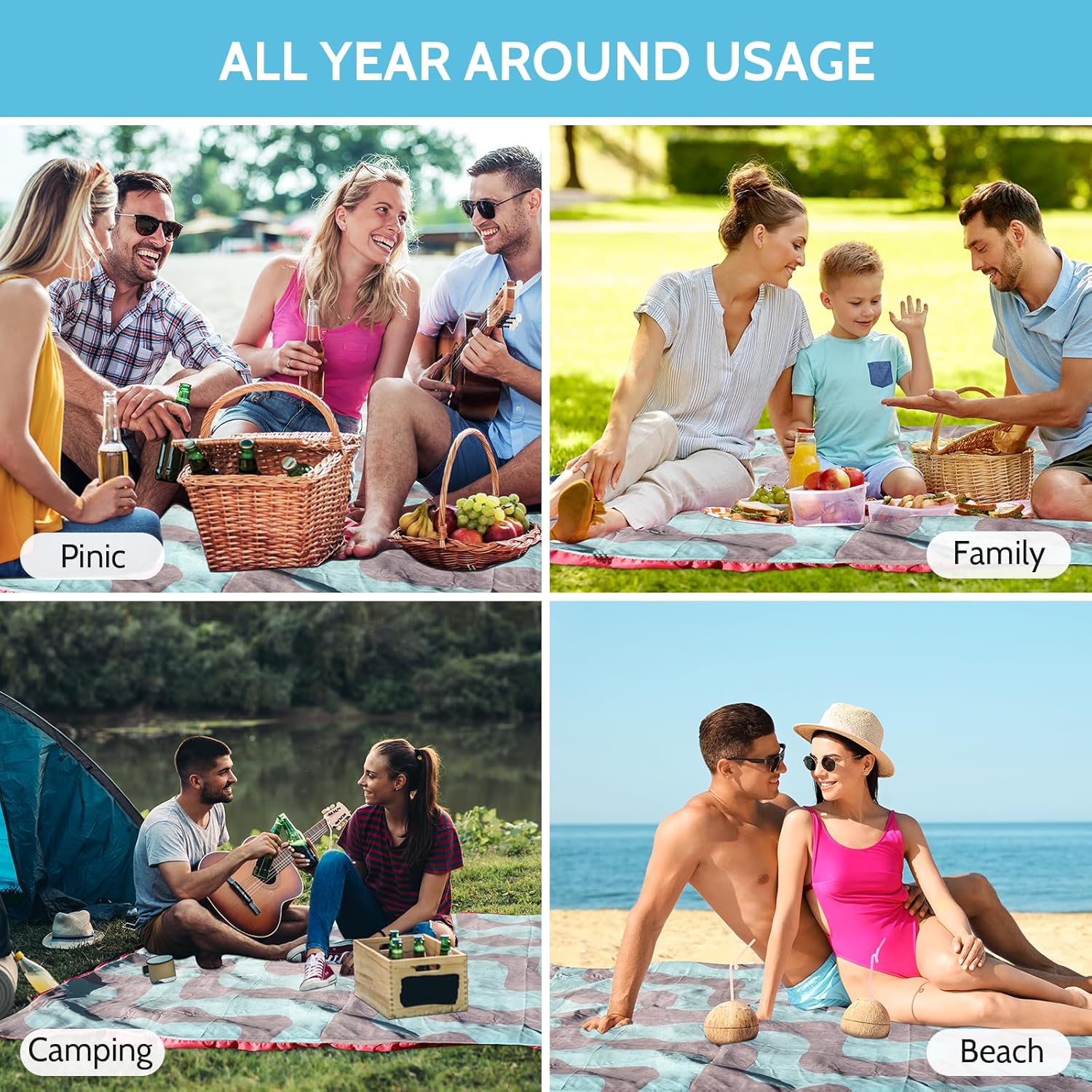 HIPILI – Manta de playa de 78 x 56 pulgadas, manta de picnic, manta grande de campamento para viajes, senderismo al aire libre, manta ligera y